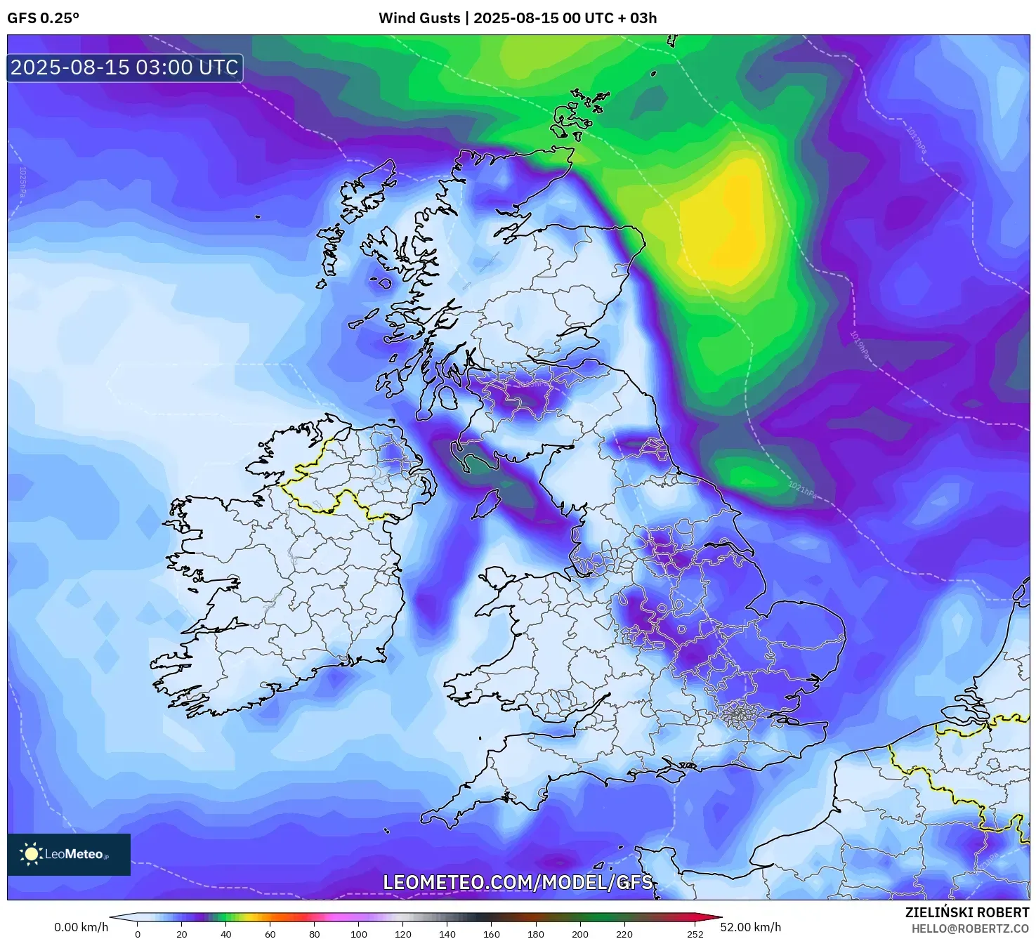 GFS model - United Kingdom, Wind Gusts
