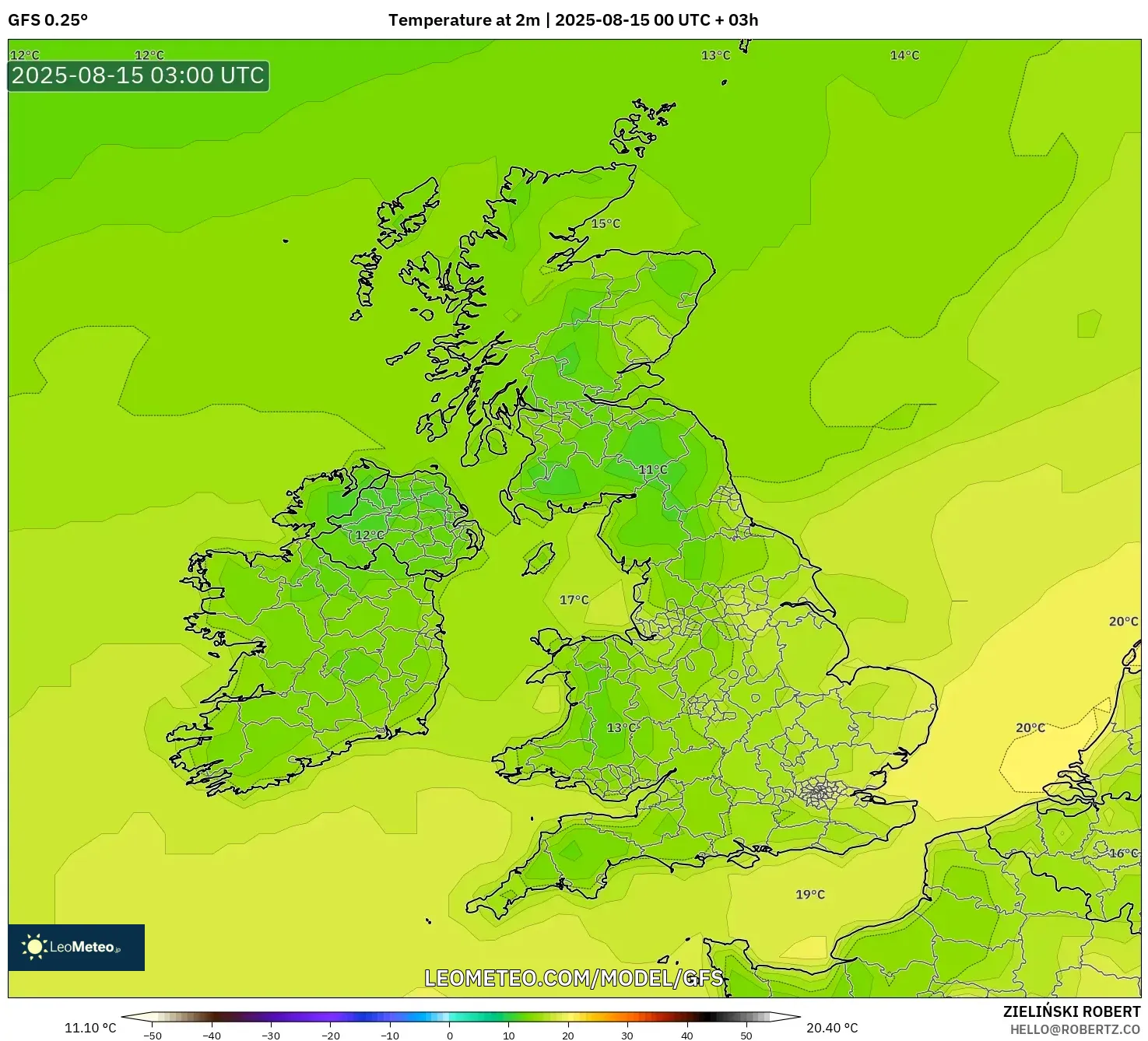 GFS model - United Kingdom, Temperature at 2m