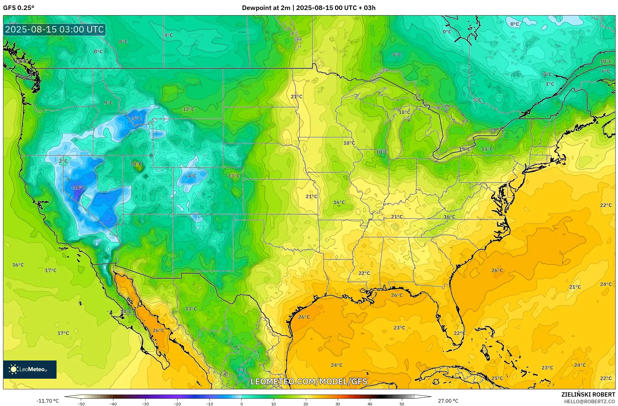 GFS model - United States, Dewpoint at 2m