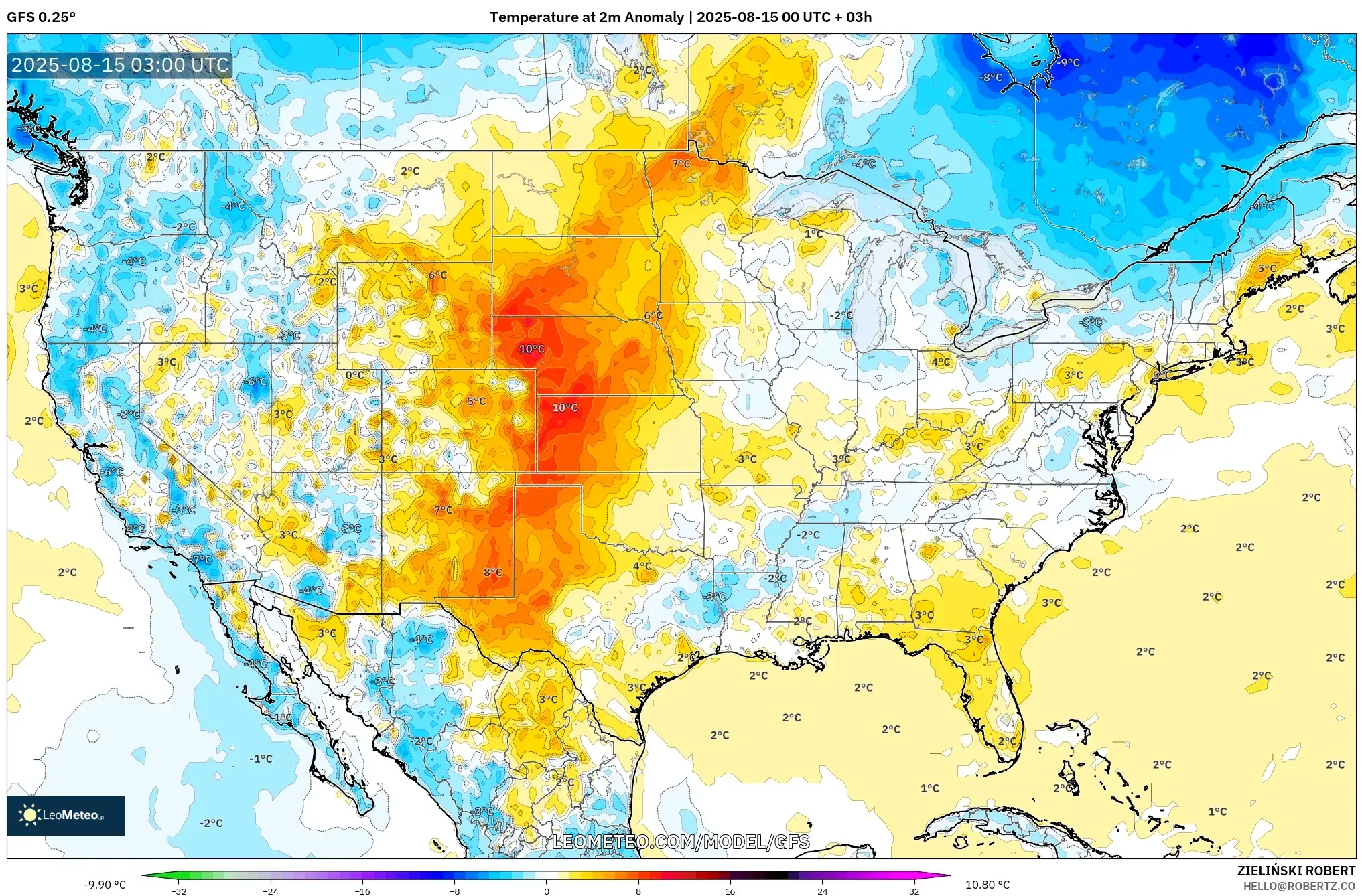GFS model - United States, Temperature at 2m Anomaly