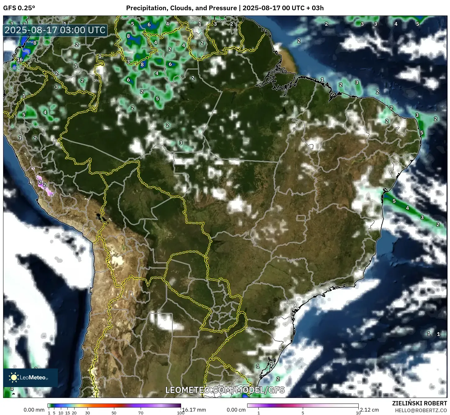 GFS model - Brazil, Precipitation, Clouds, and Pressure