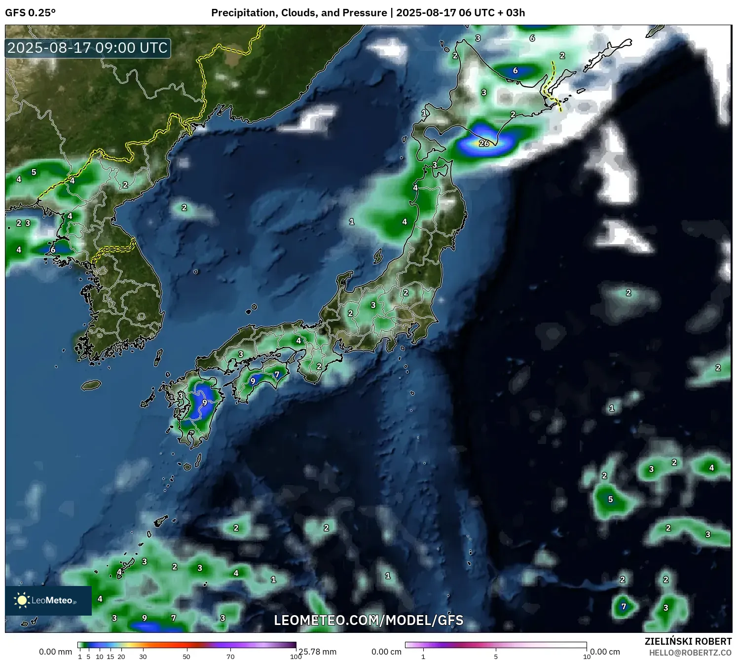 GFS model - Japan, Precipitation, Clouds, and Pressure GFS model - Japan, Precipitation, Clouds, and Pressure