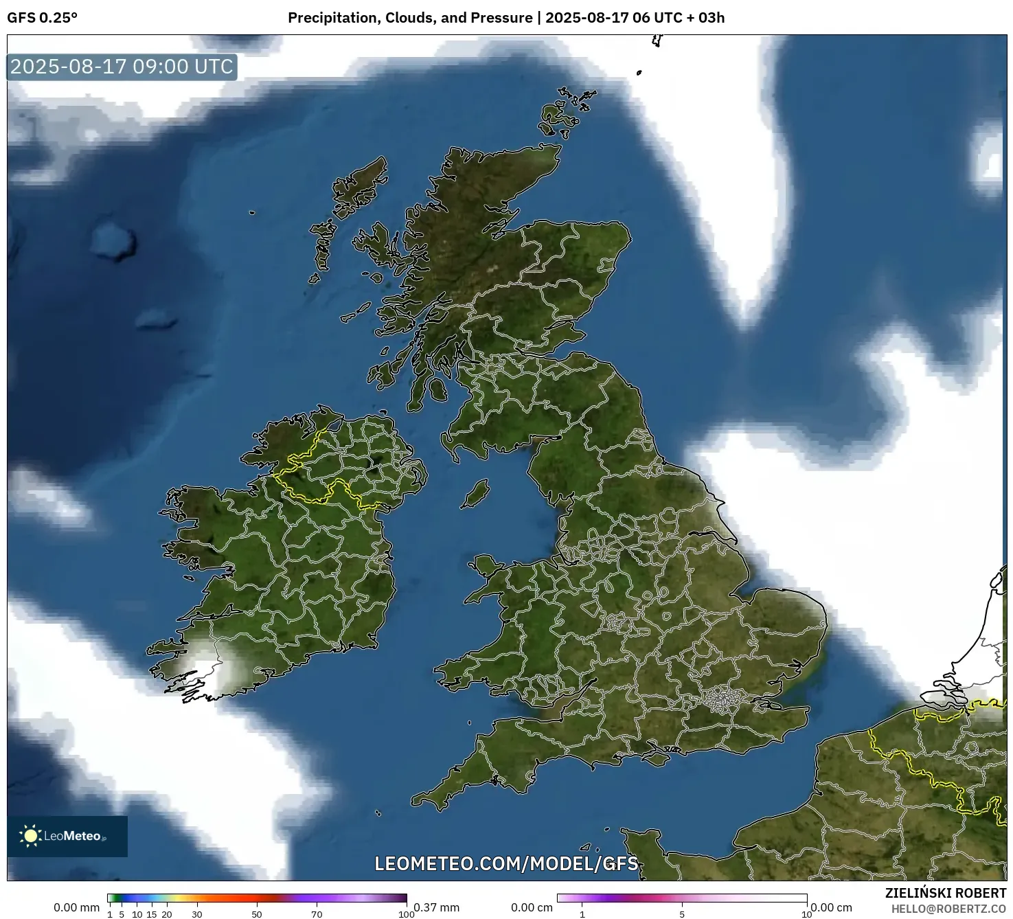 GFS model - United Kingdom, Precipitation, Clouds, and Pressure GFS model - United Kingdom, Precipitation, Clouds, and Pressure