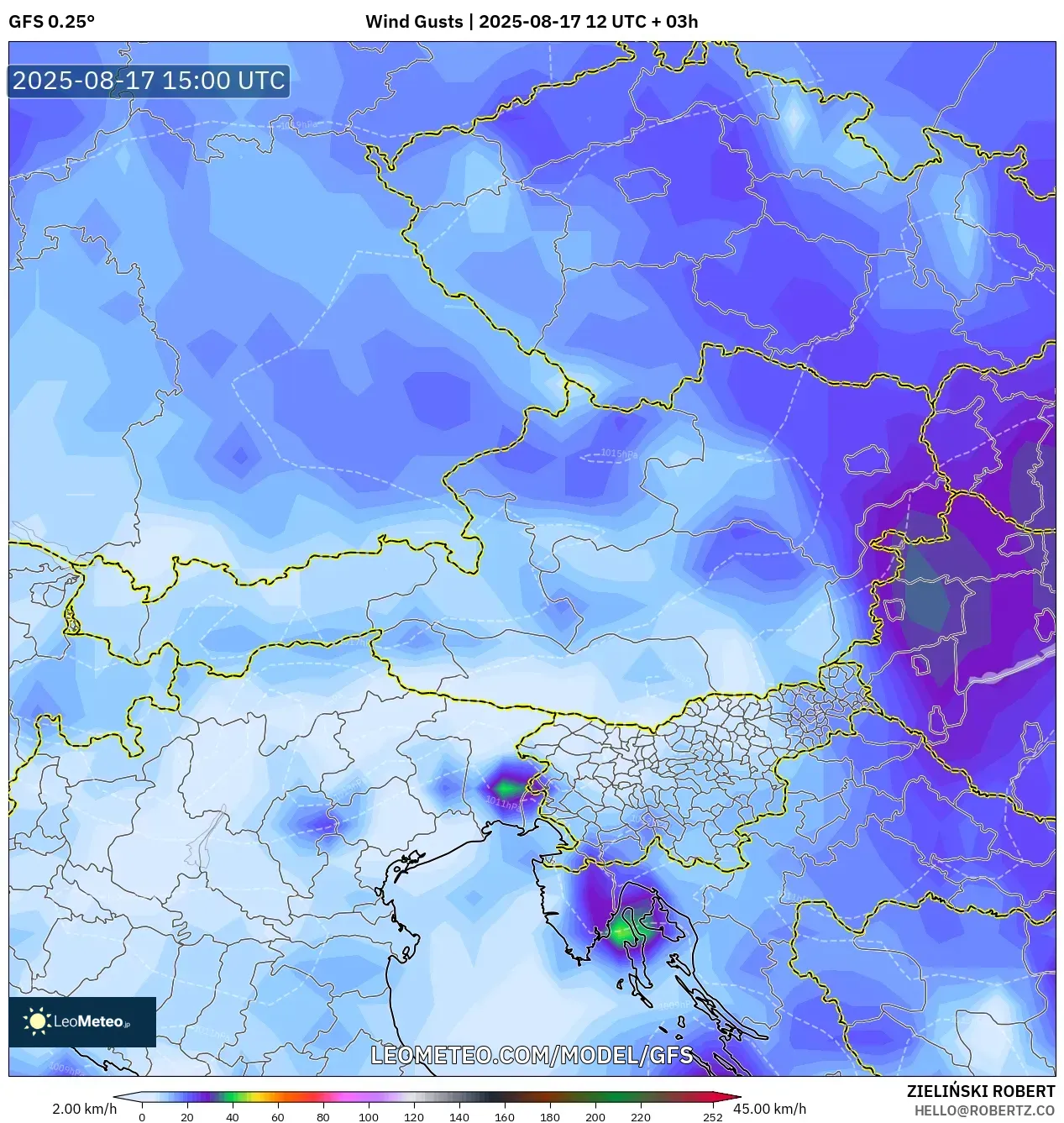 GFS model - Austria, Wind Gusts GFS model - Austria, Wind Gusts