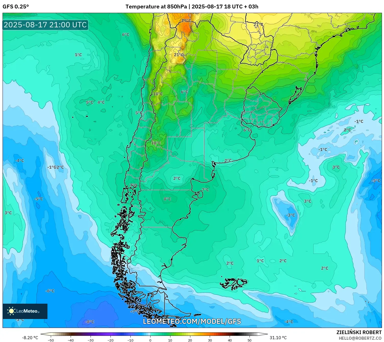GFS model - Argentina, Temperature at 850hPa GFS model - Argentina, Temperature at 850hPa