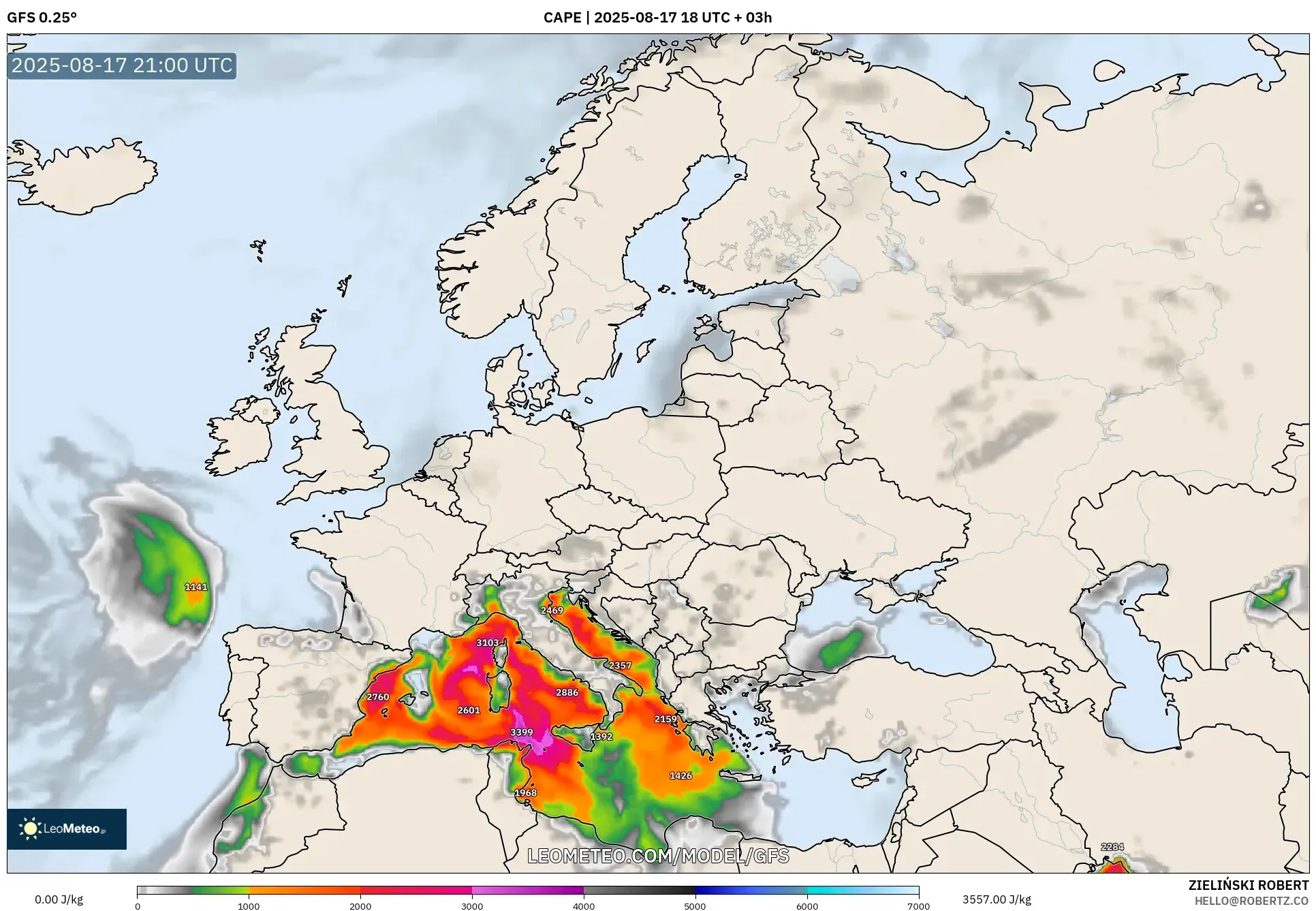 GFS model - Europe, CAPE