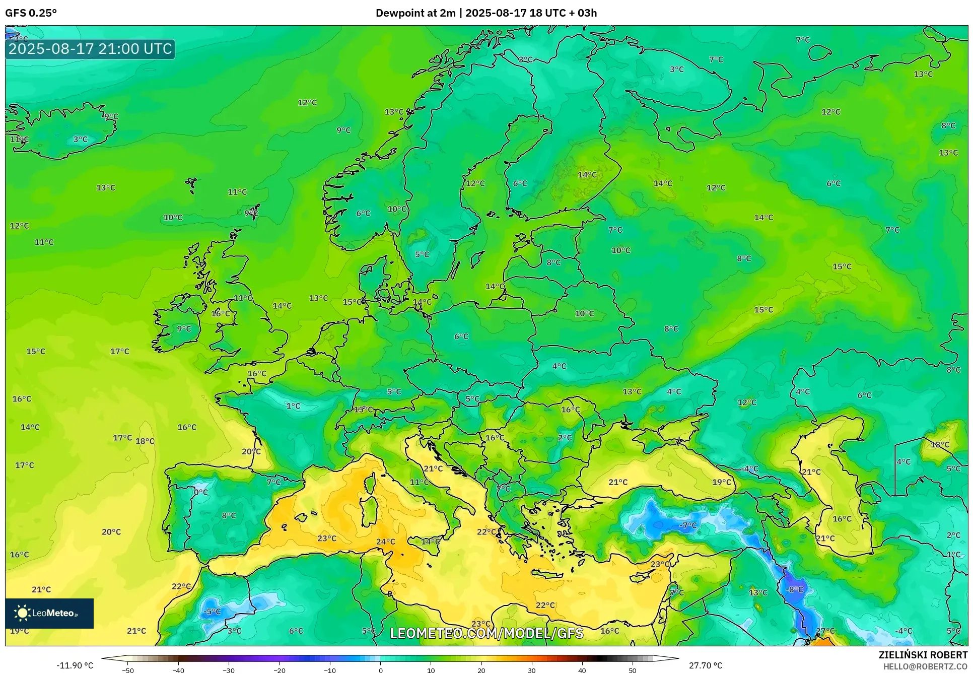 GFS model - Europe, Dewpoint at 2m