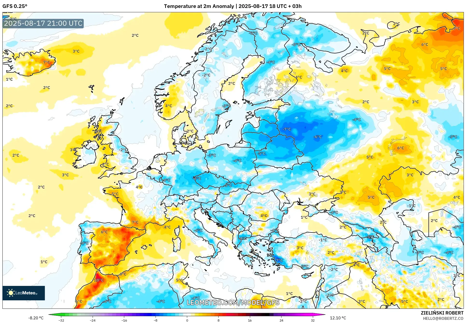 GFS model - Europe, Temperature at 2m Anomaly GFS model - Europe, Temperature at 2m Anomaly