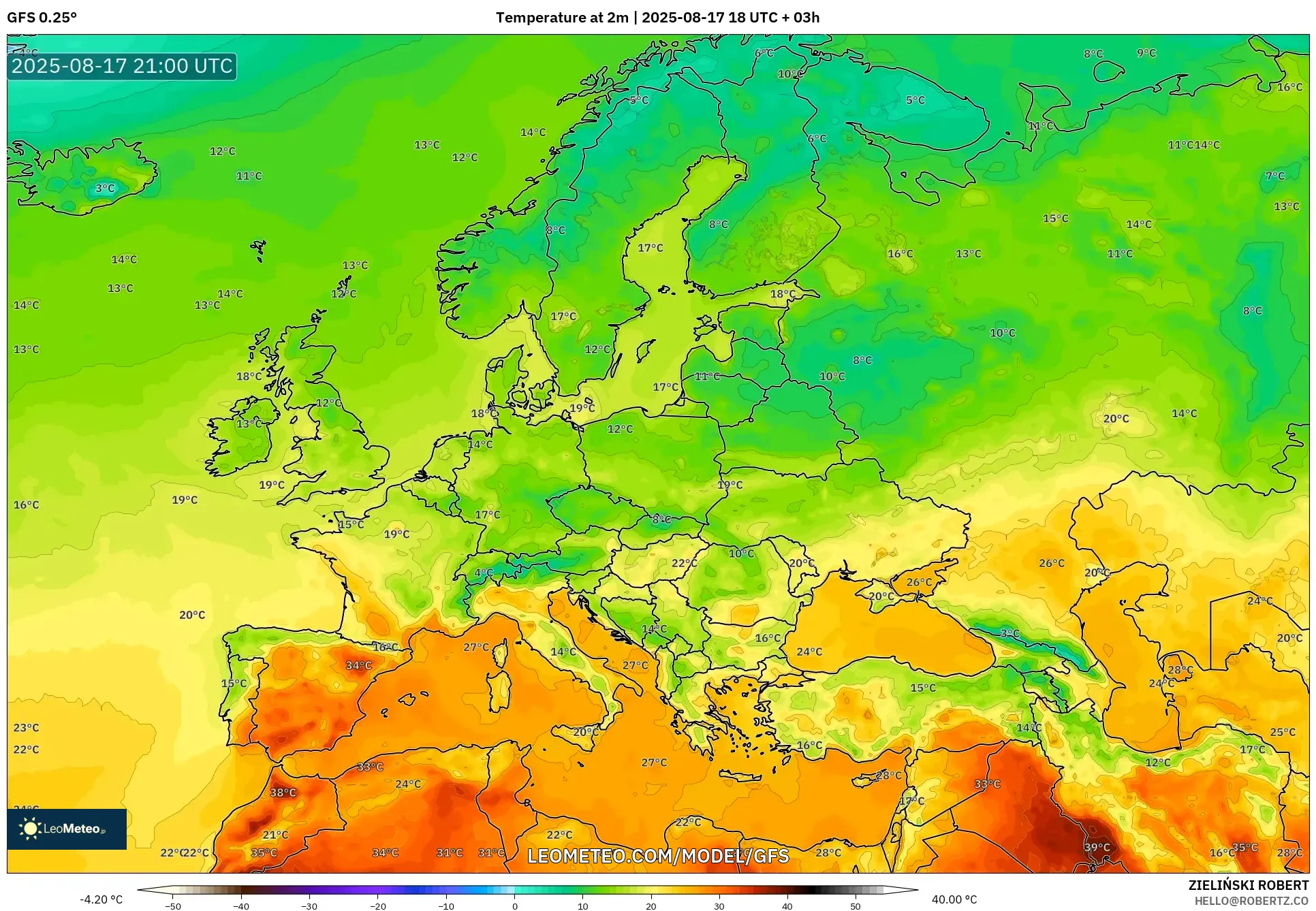 GFS model - Europe, Temperature at 2m GFS model - Europe, Temperature at 2m
