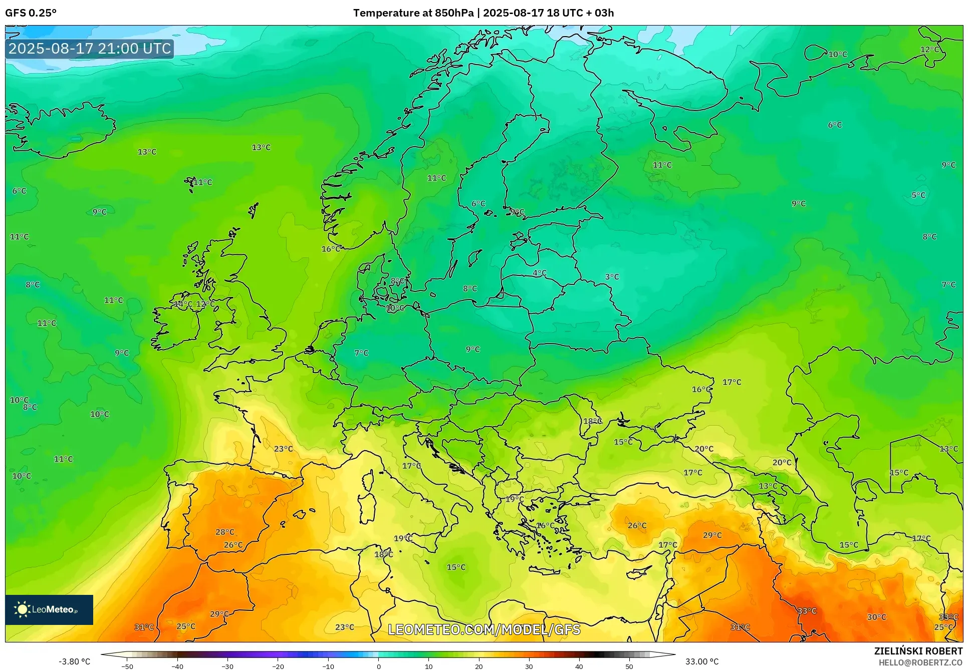 GFS model - Europe, Temperature at 850hPa