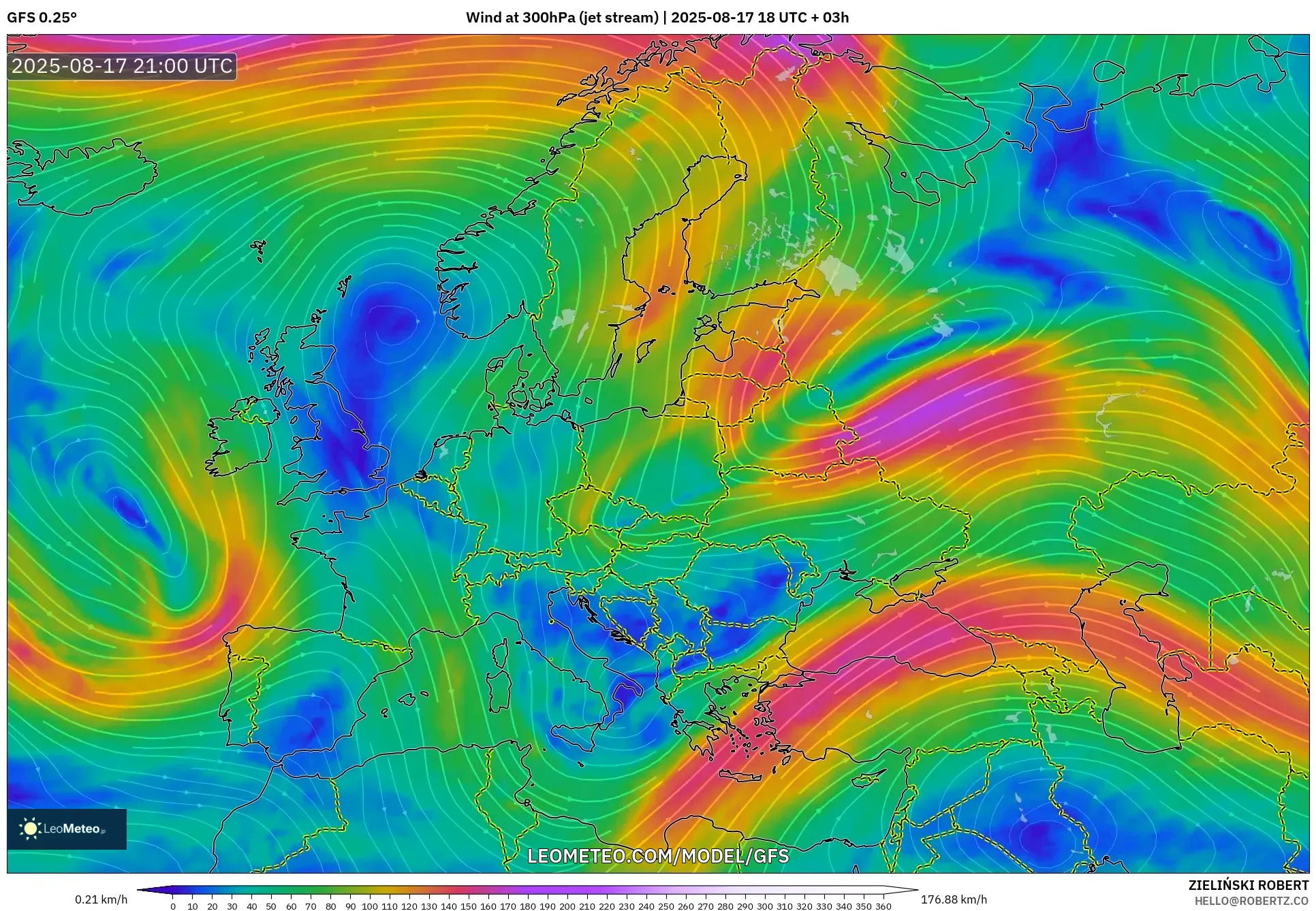 GFS model - Europe, Wind at 300hPa (jet stream)