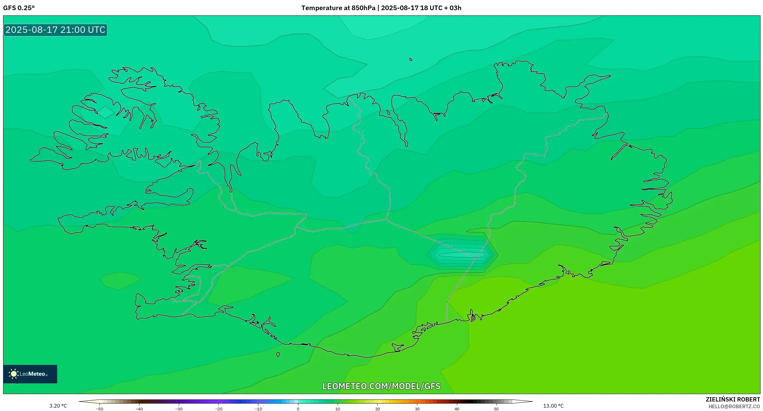 GFS model - Iceland, Temperature at 850hPa GFS model - Iceland, Temperature at 850hPa