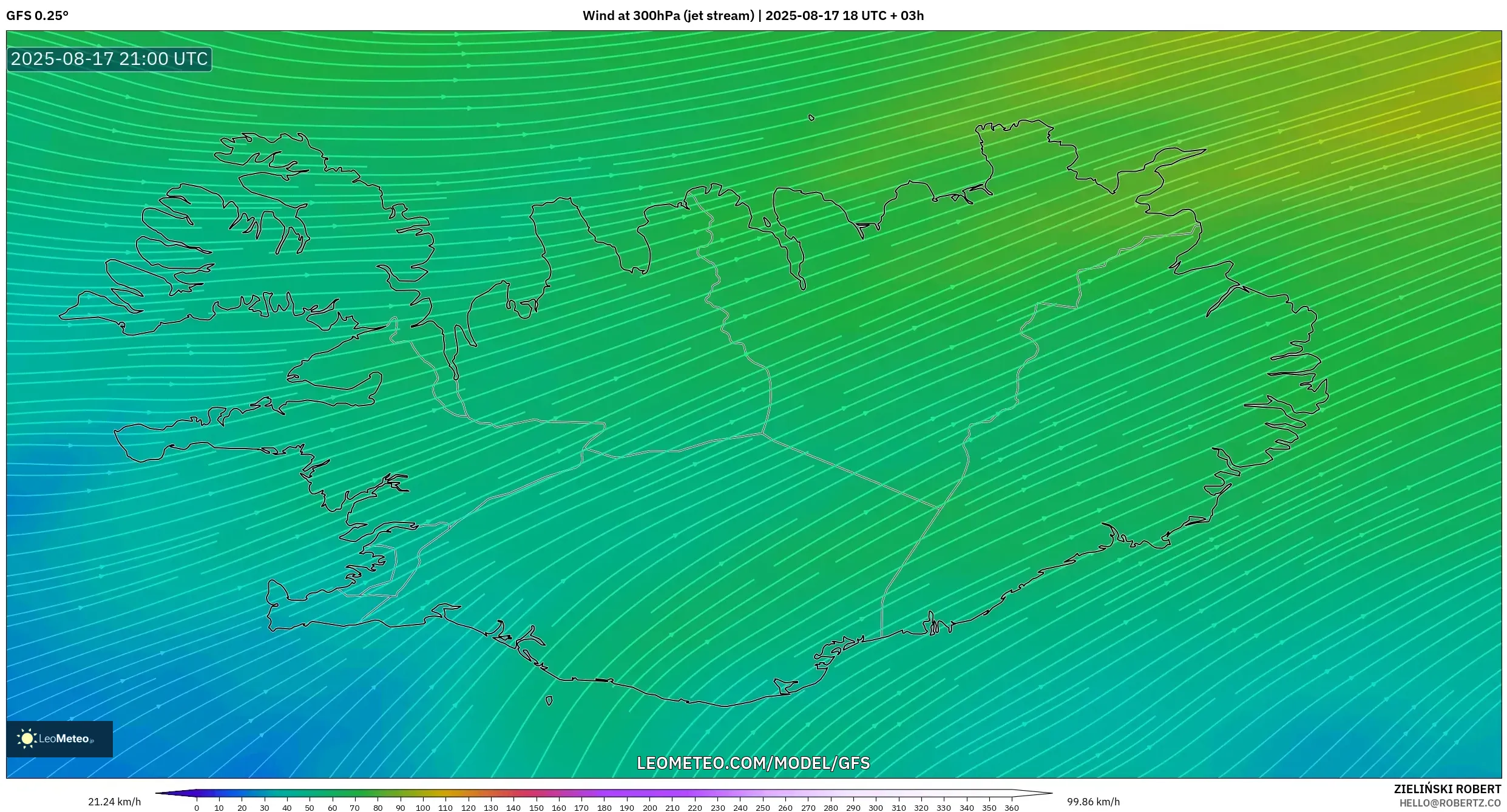 GFS model - Iceland, Wind at 300hPa (jet stream)