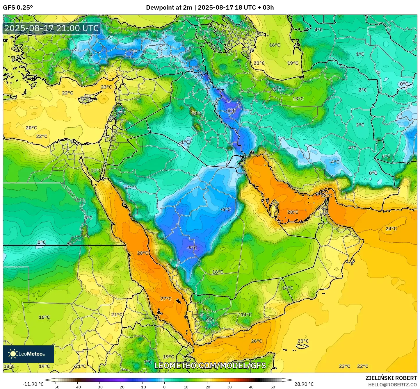 GFS model - Middle East, Dewpoint at 2m GFS model - Middle East, Dewpoint at 2m
