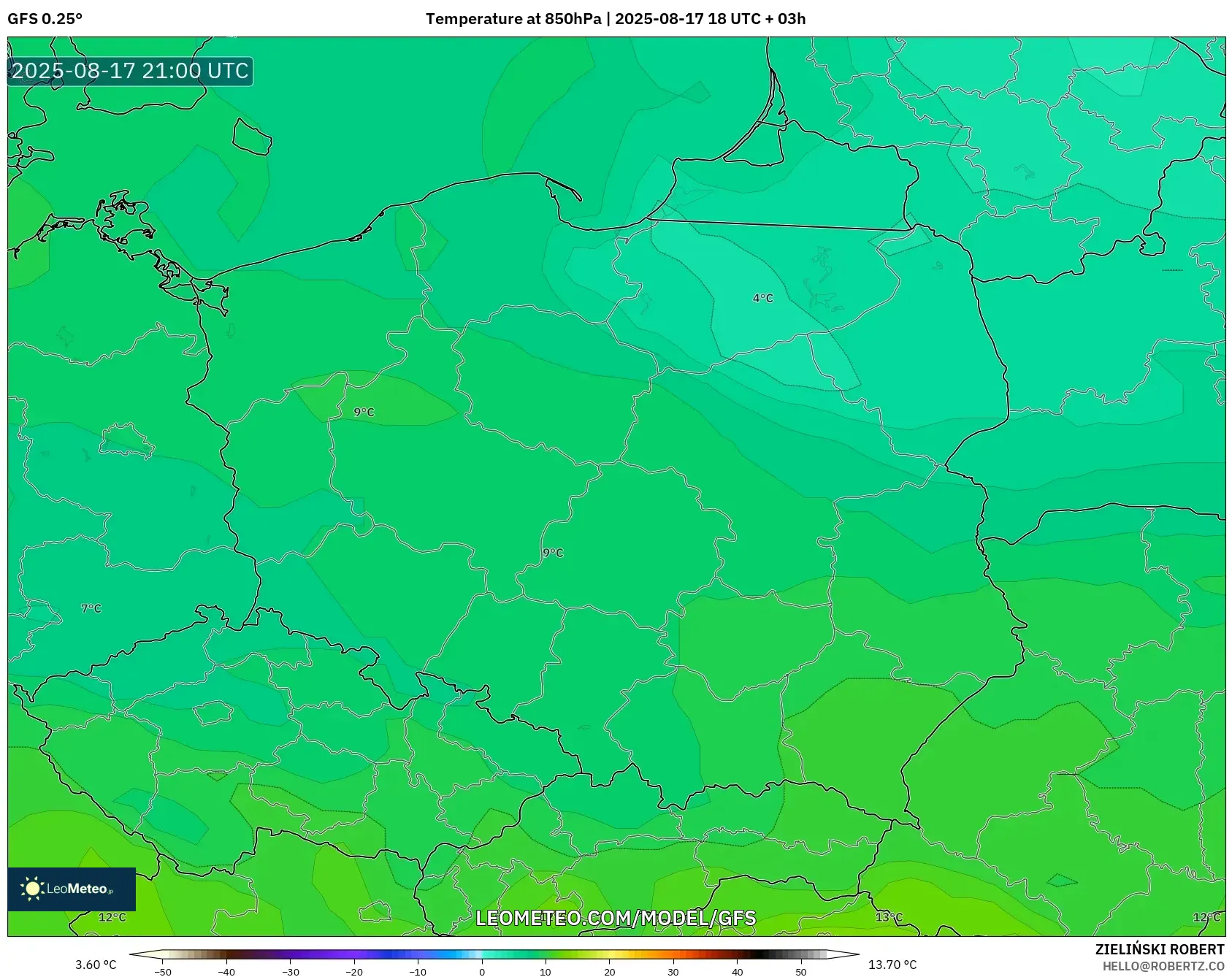 GFS model - Poland, Temperature at 850hPa