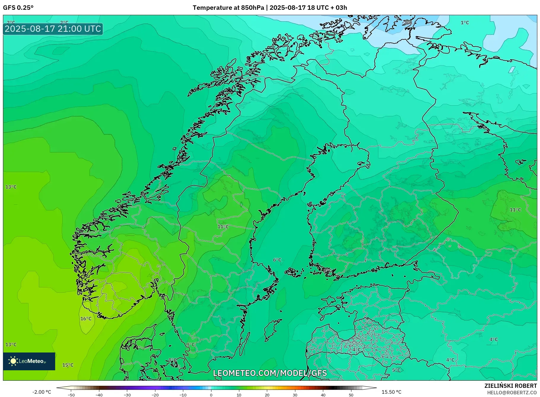 GFS model - Scandinavia, Temperature at 850hPa GFS model - Scandinavia, Temperature at 850hPa