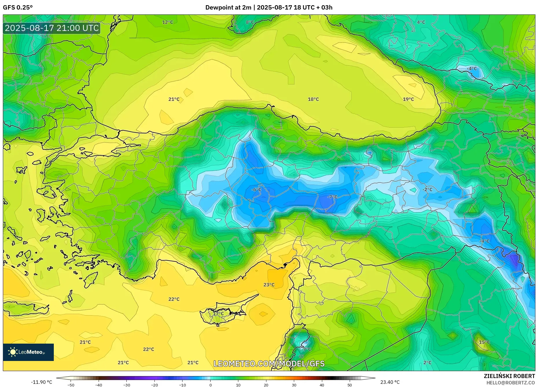 GFS model - Turkey, Dewpoint at 2m GFS model - Turkey, Dewpoint at 2m