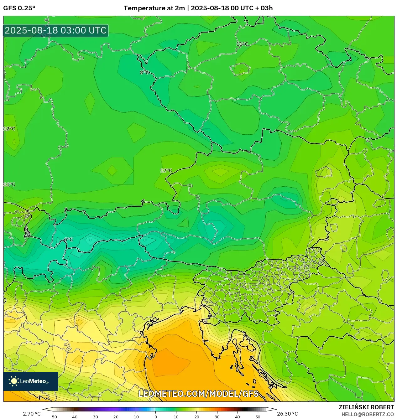 GFS model - Austria, Temperature at 2m GFS model - Austria, Temperature at 2m