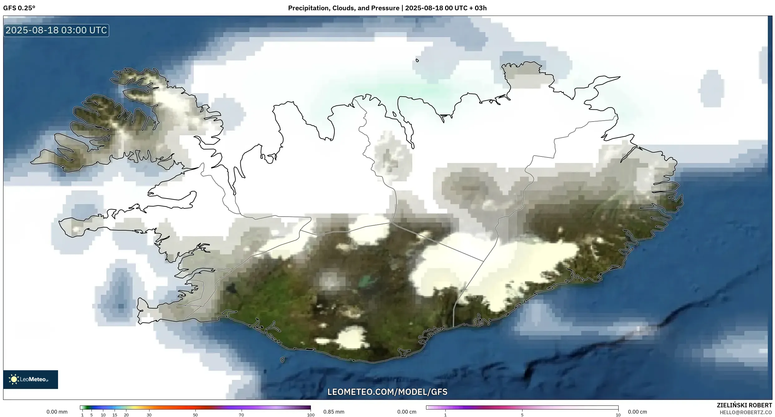 GFS model - Iceland, Precipitation, Clouds, and Pressure GFS model - Iceland, Precipitation, Clouds, and Pressure
