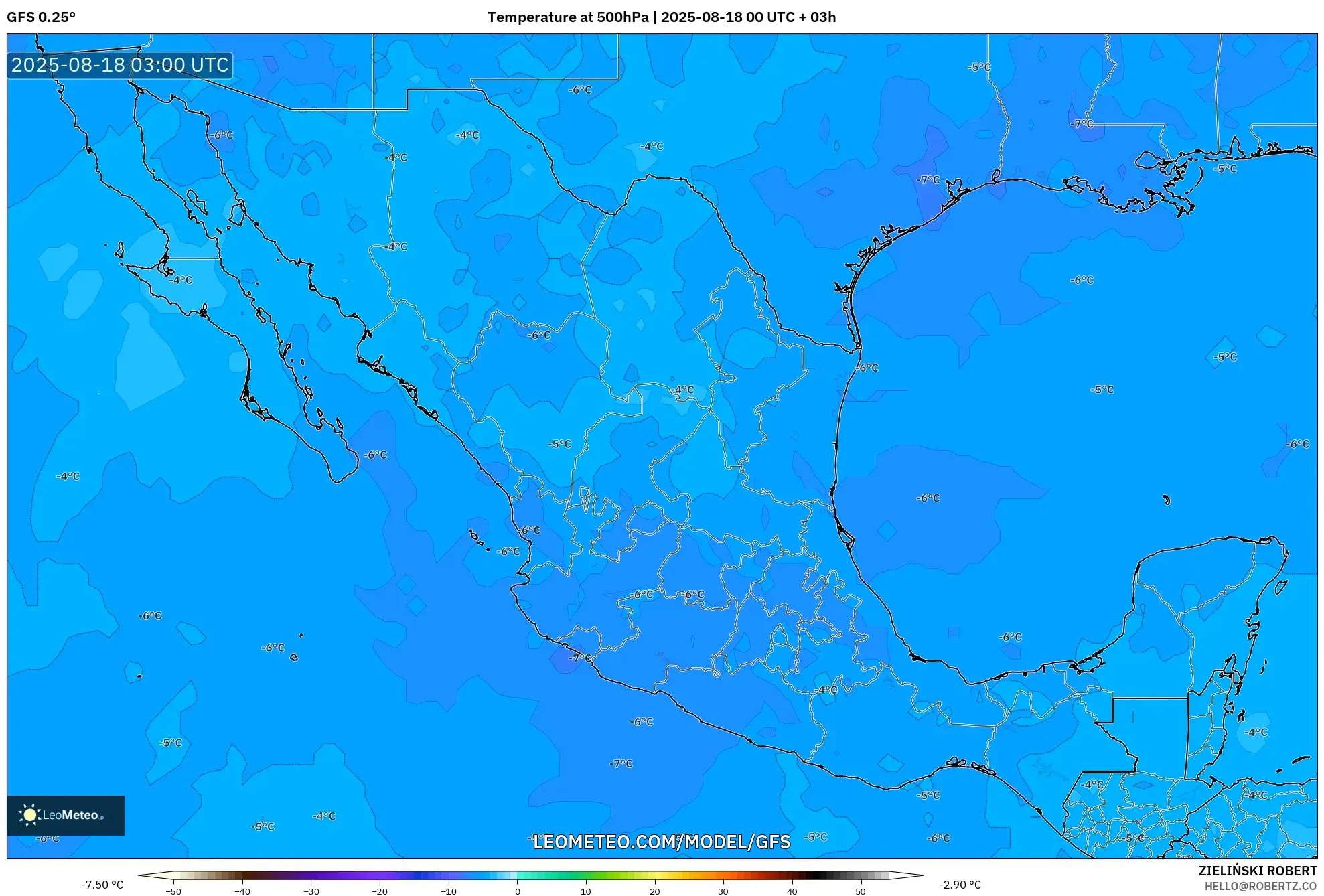 GFS model - Mexico, Temperature at 500hPa GFS model - Mexico, Temperature at 500hPa
