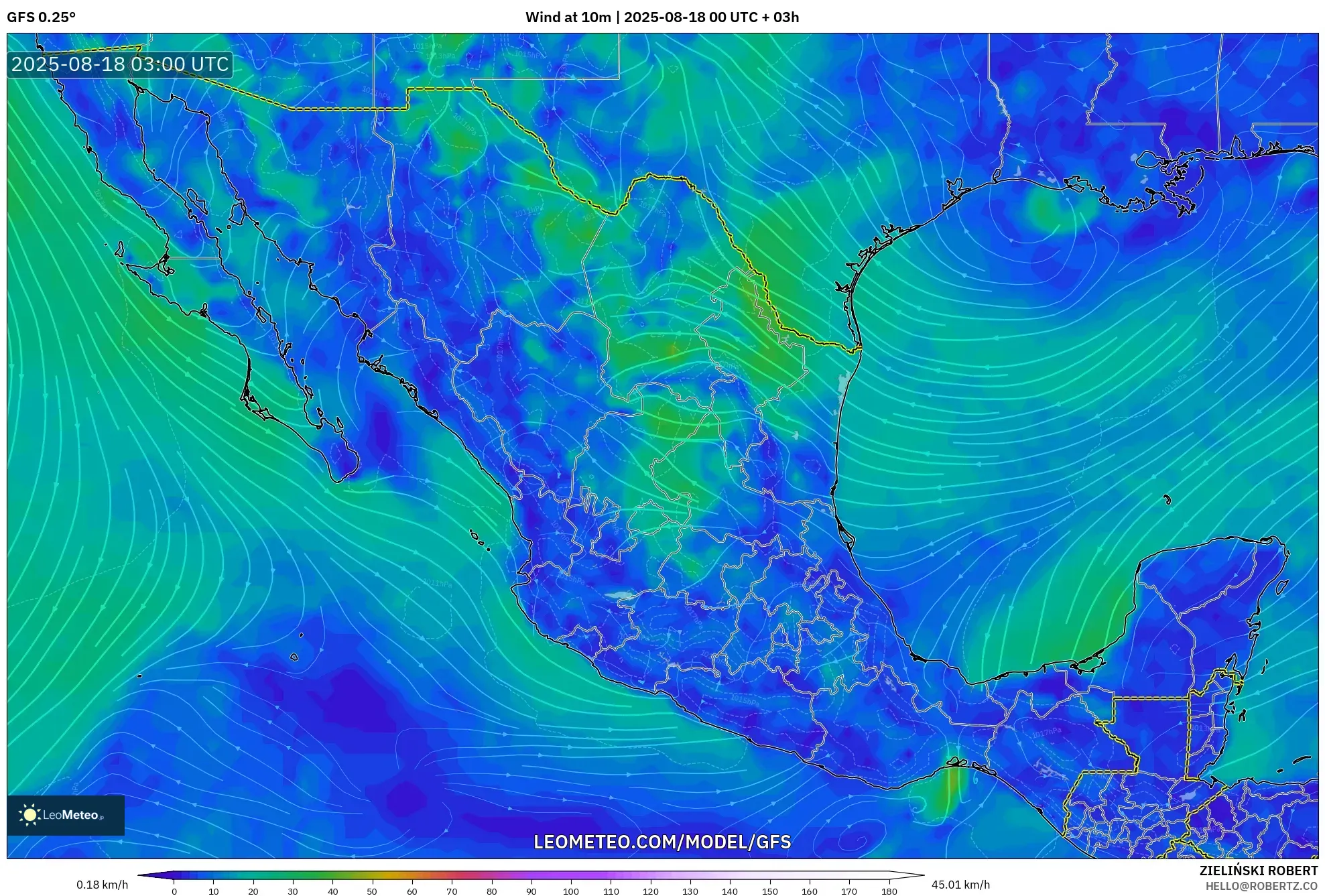 GFS model - Mexico, Wind at 10m GFS model - Mexico, Wind at 10m