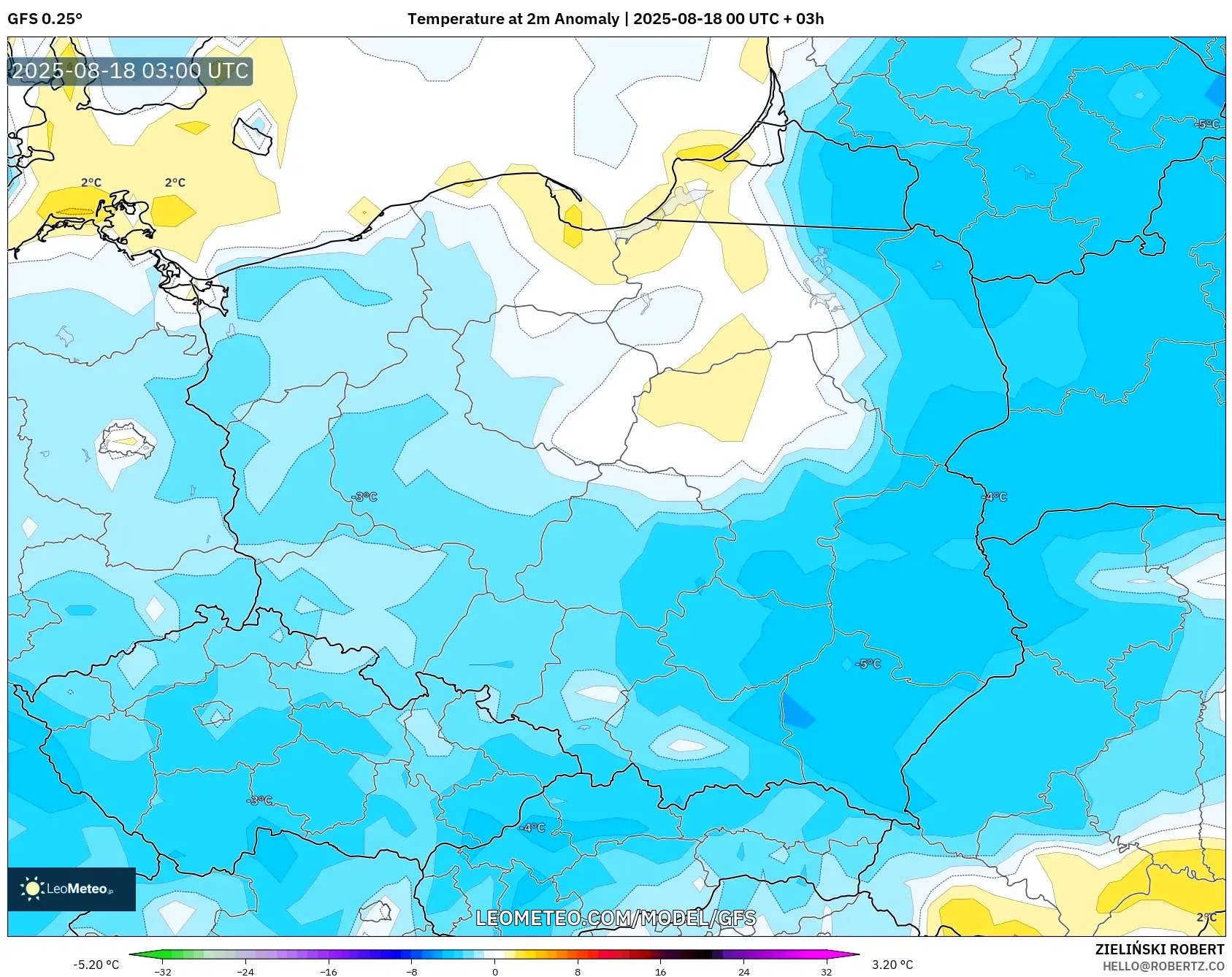 GFS model - Poland, Temperature at 2m Anomaly
