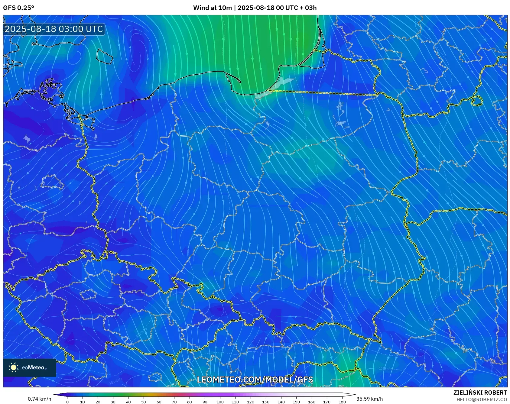 GFS model - Poland, Wind at 10m GFS model - Poland, Wind at 10m