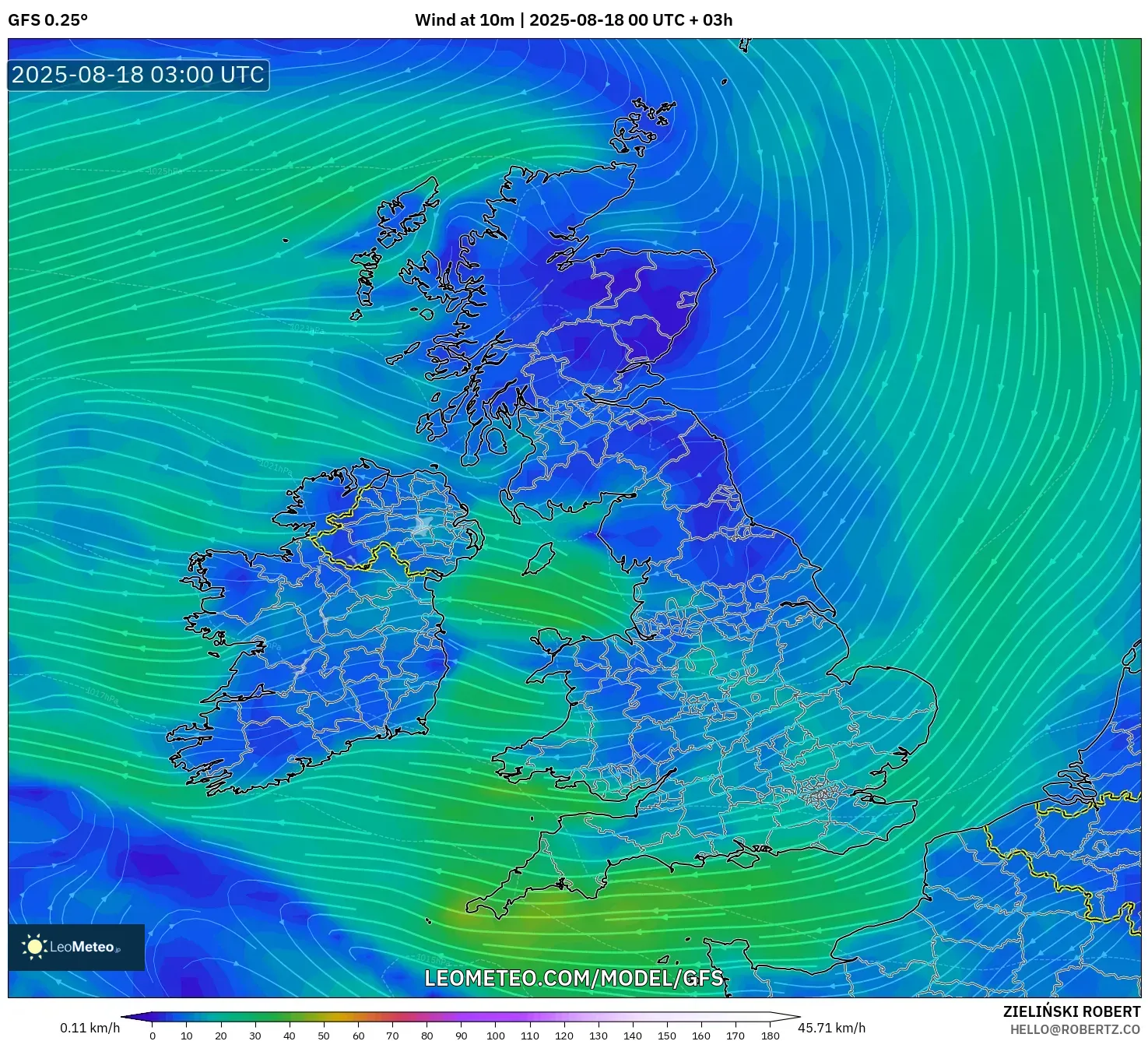 GFS model - United Kingdom, Wind at 10m GFS model - United Kingdom, Wind at 10m
