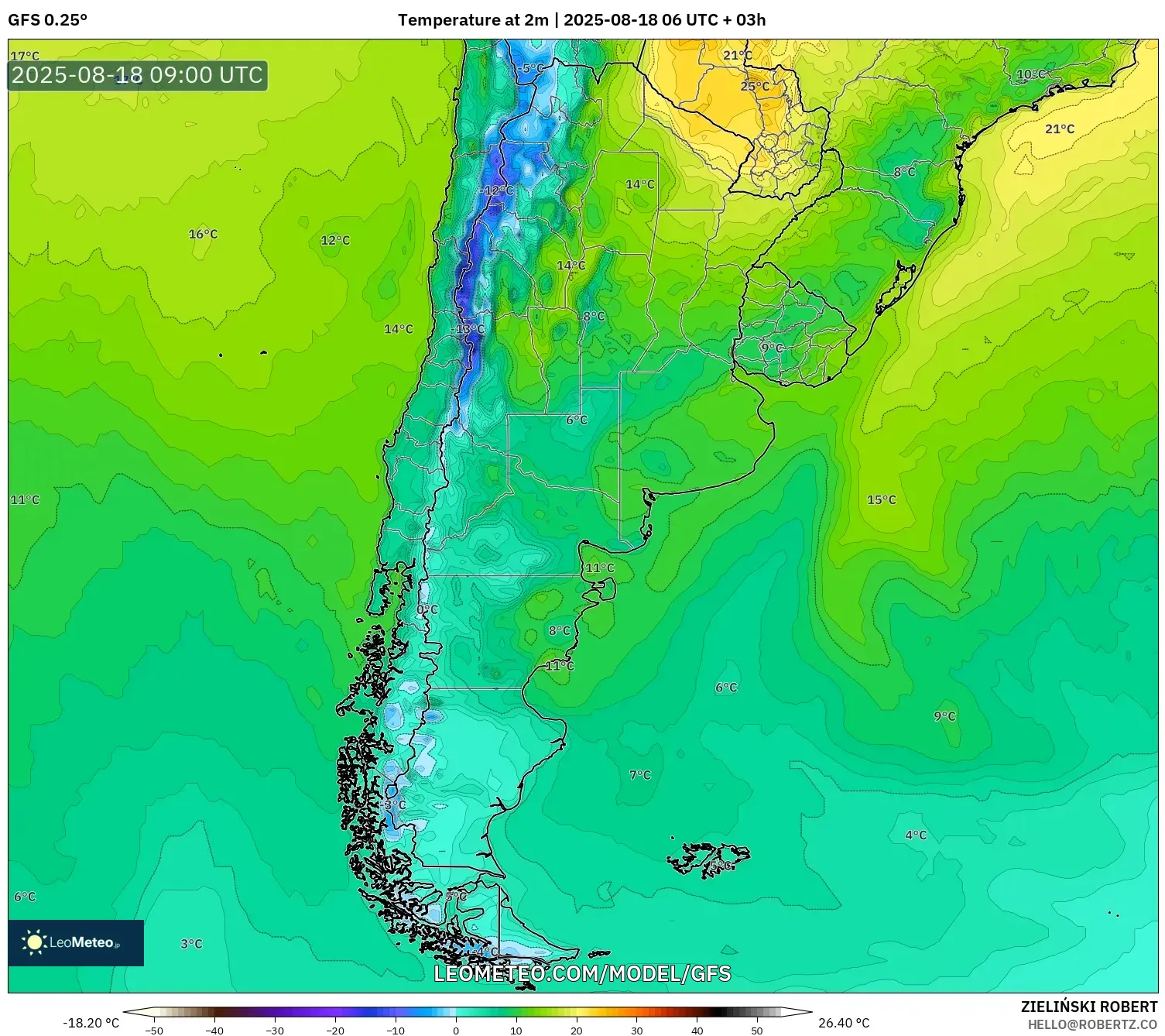 GFS model - Argentina, Temperature at 2m