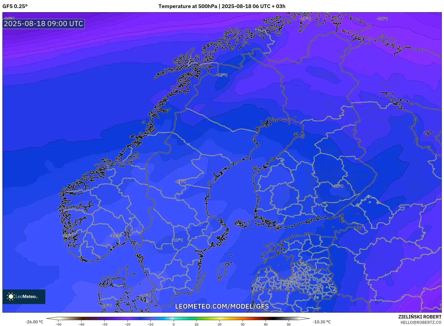 GFS model - Scandinavia, Temperature at 500hPa