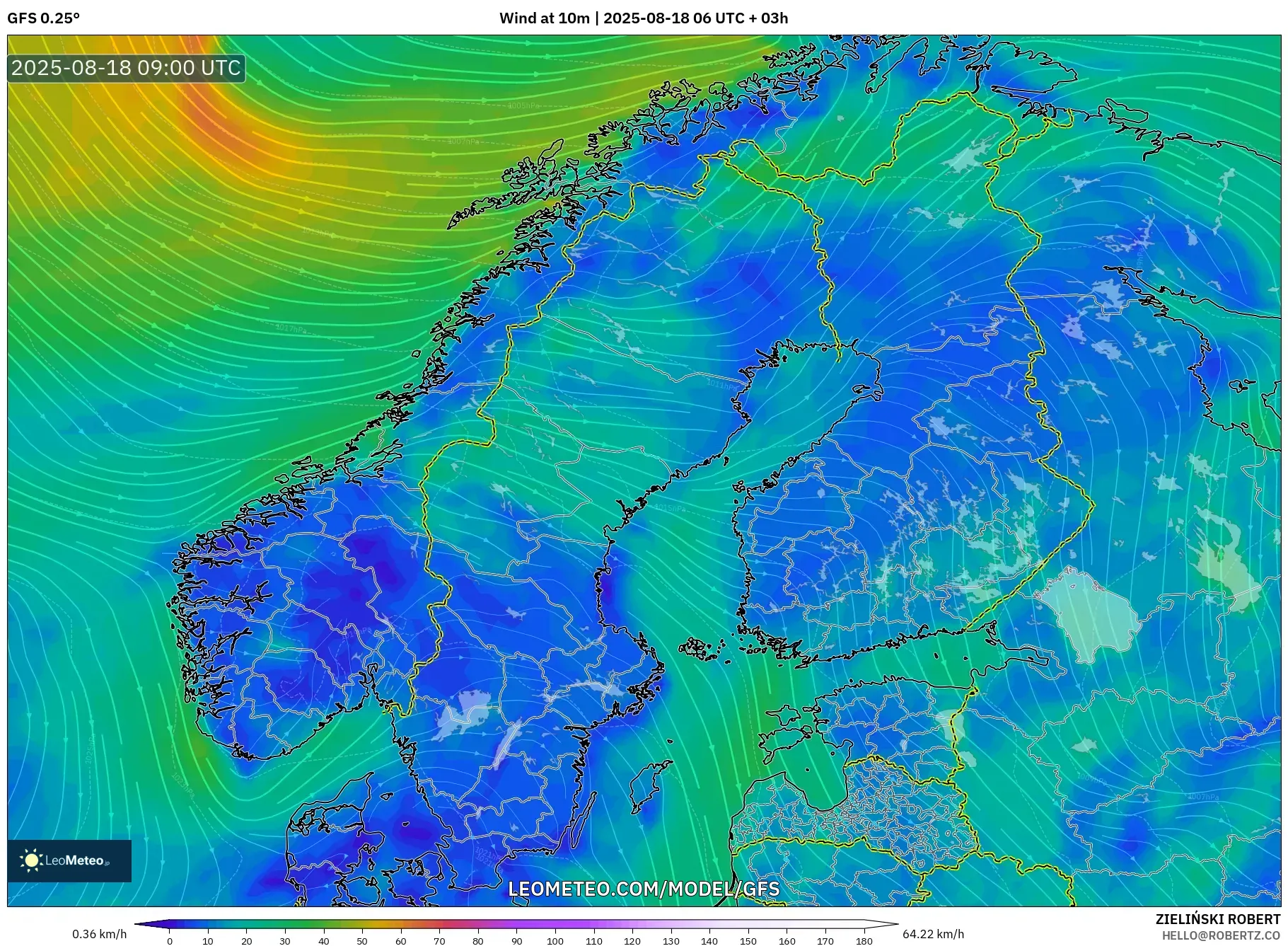 GFS model - Scandinavia, Wind at 10m GFS model - Scandinavia, Wind at 10m