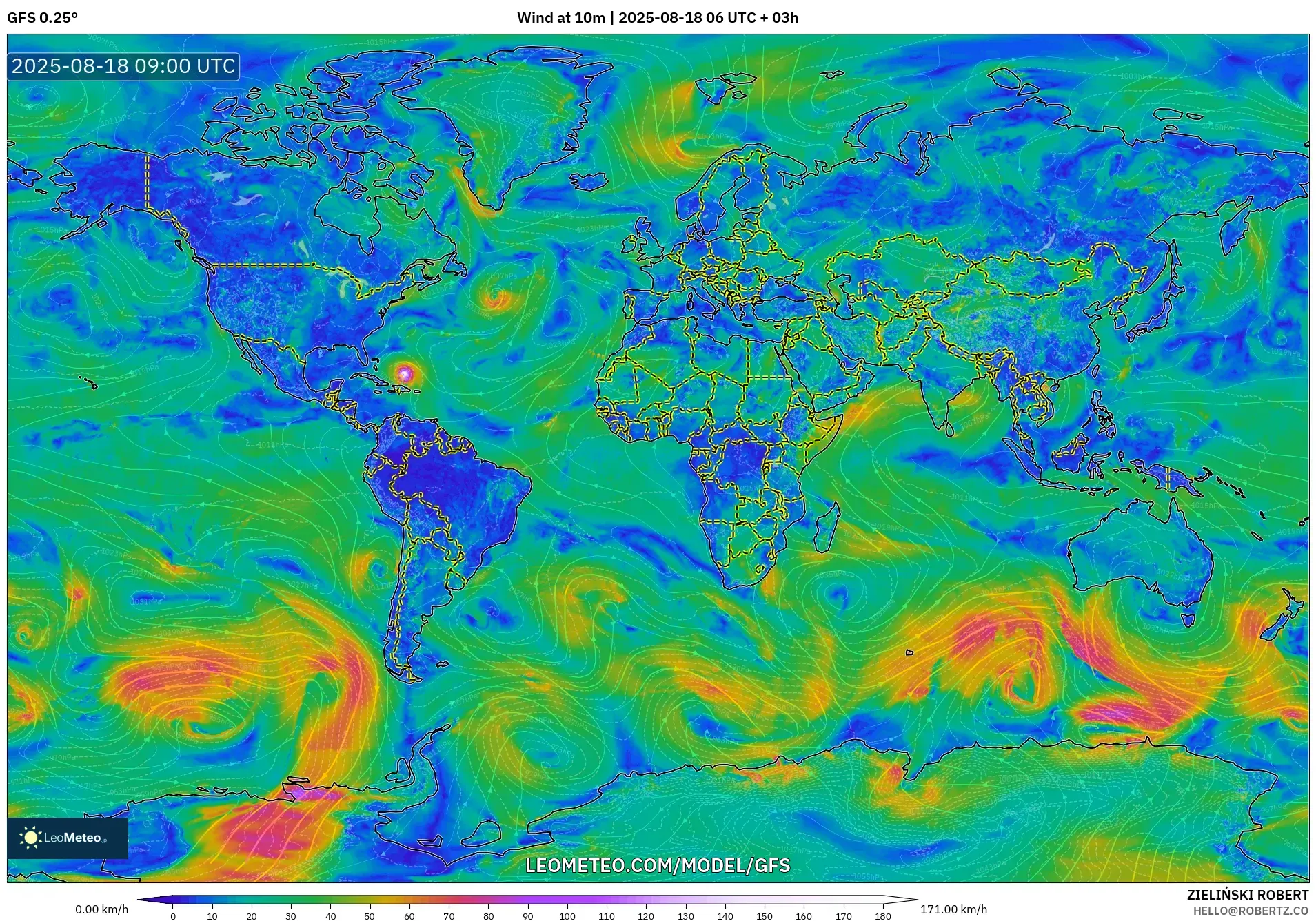 GFS model - World, Wind at 10m GFS model - World, Wind at 10m
