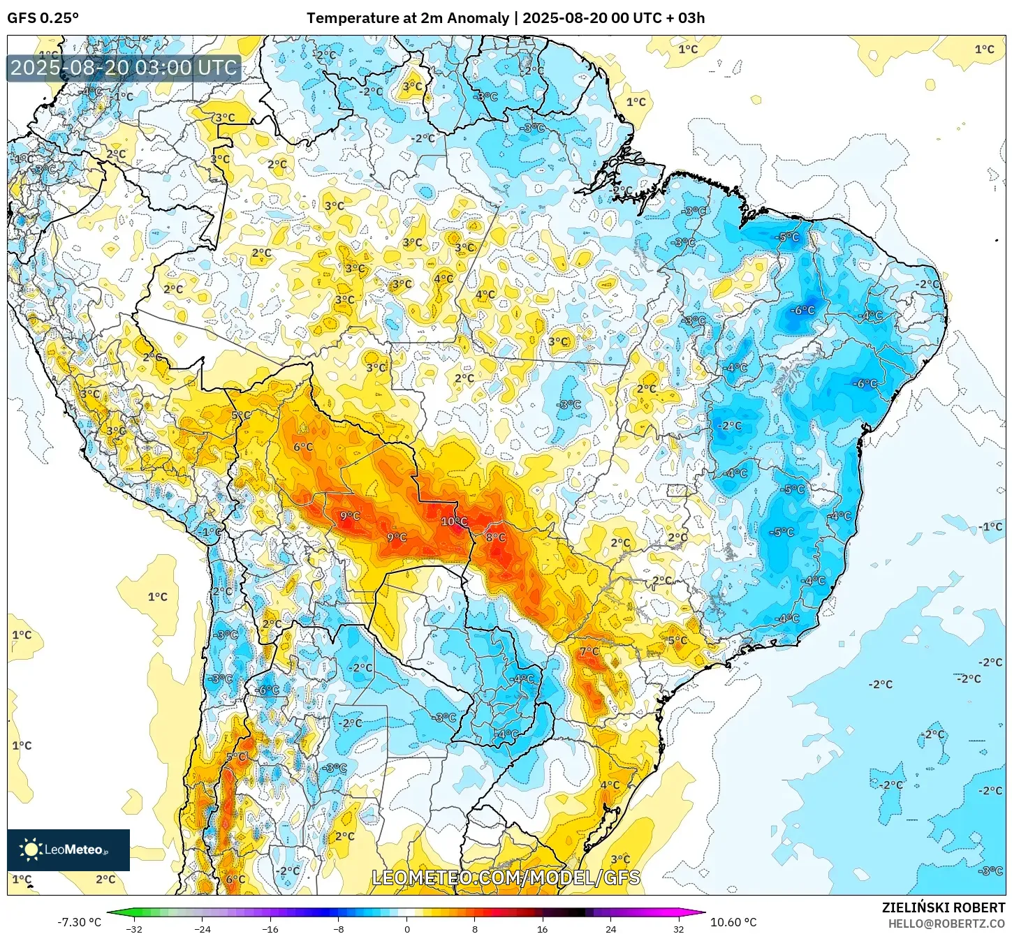 GFS model - Brazil, Temperature at 2m Anomaly