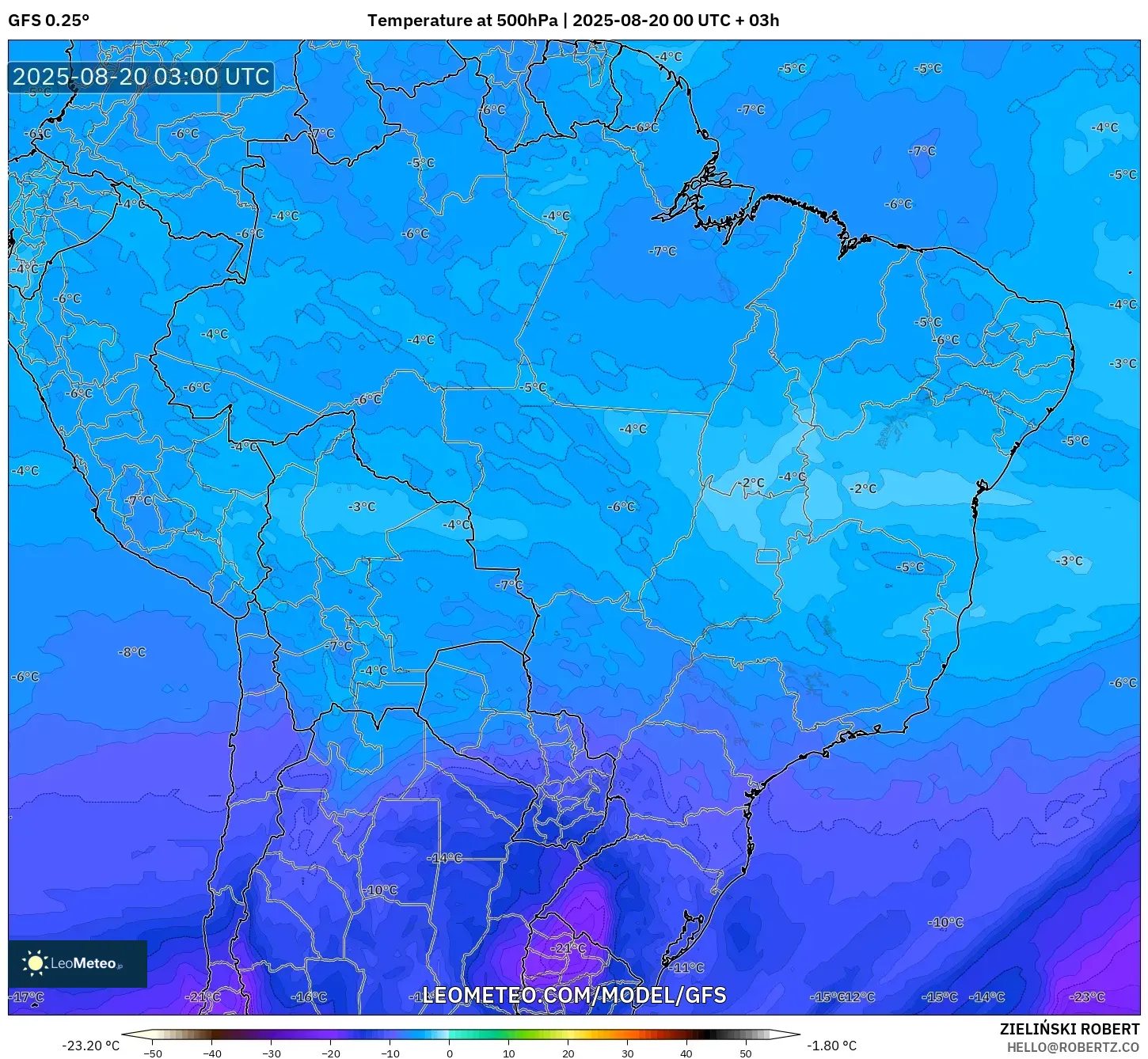 GFS model - Brazil, Temperature at 500hPa