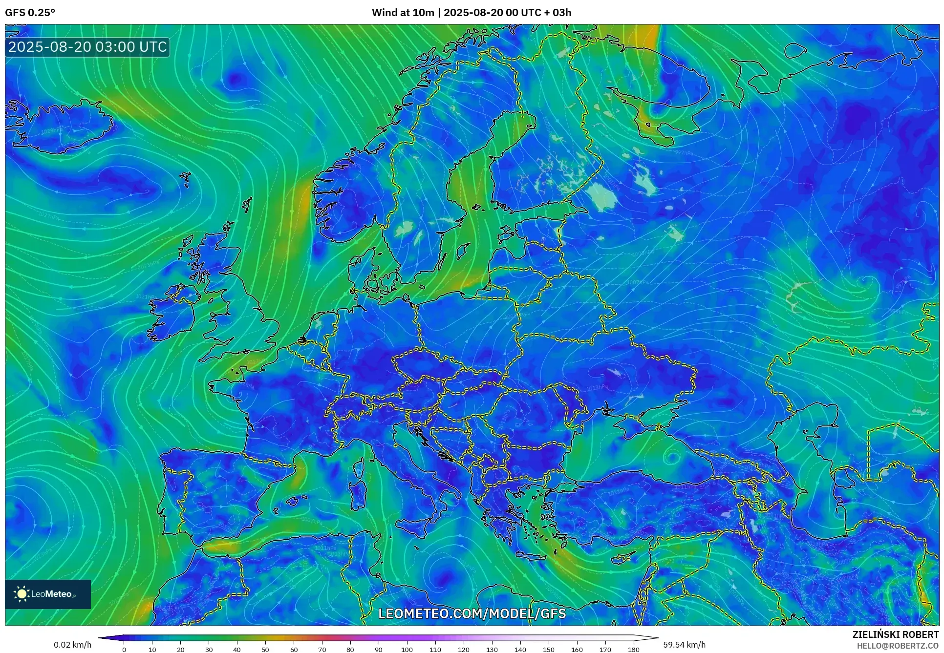 GFS model - Europe, Wind at 10m