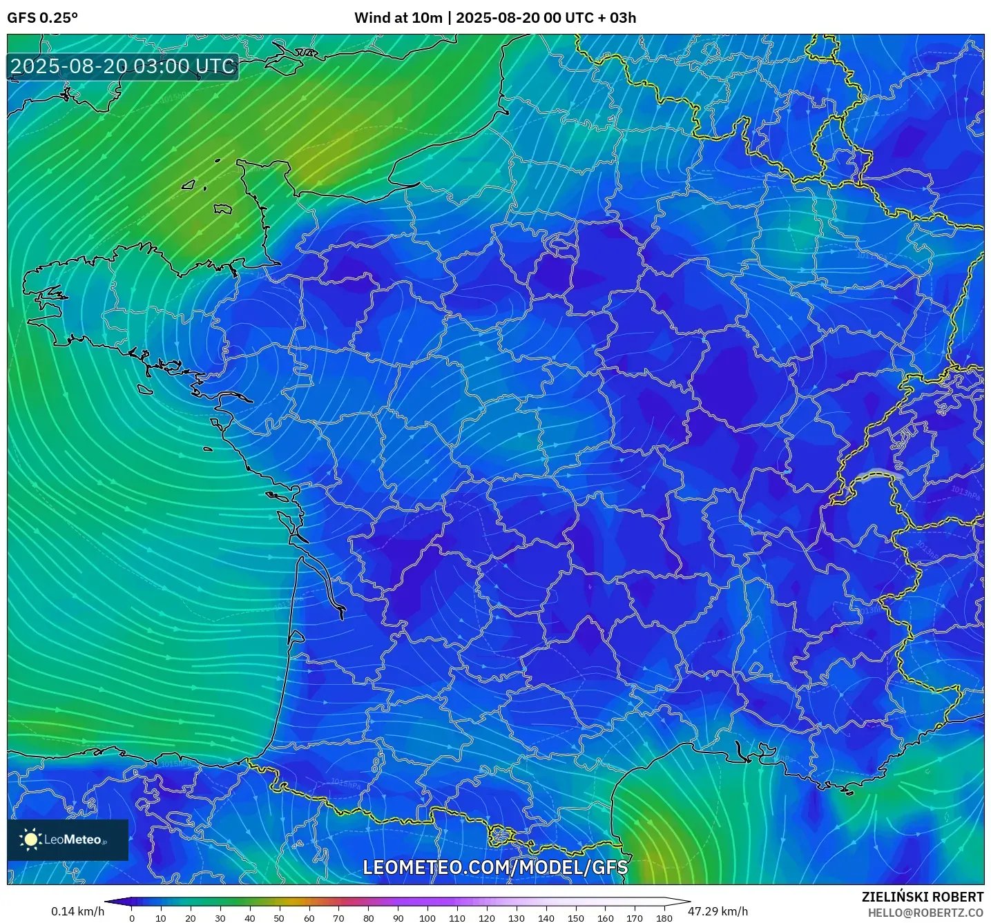 GFS model - France, Wind at 10m