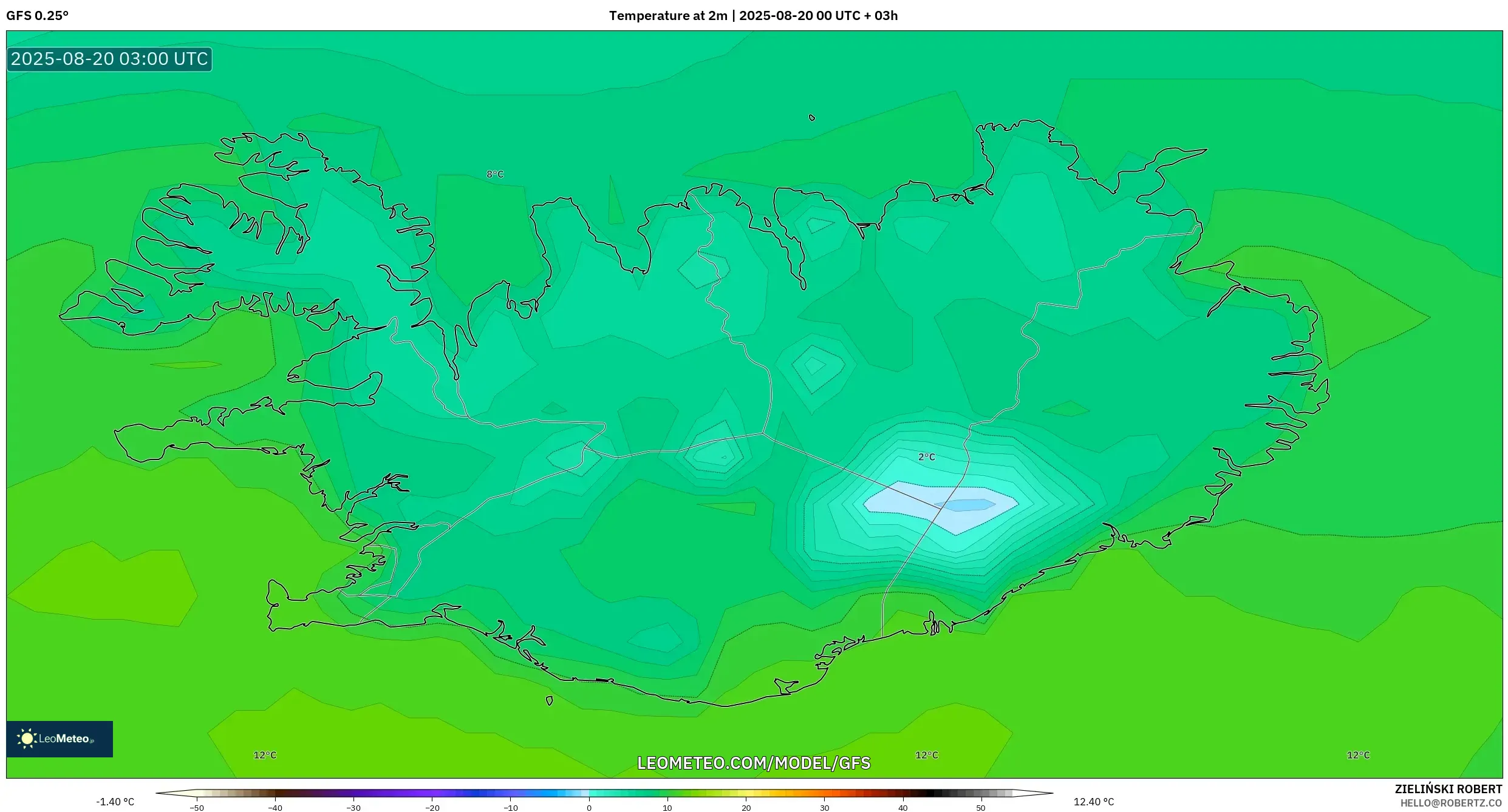 GFS model - Iceland, Temperature at 2m