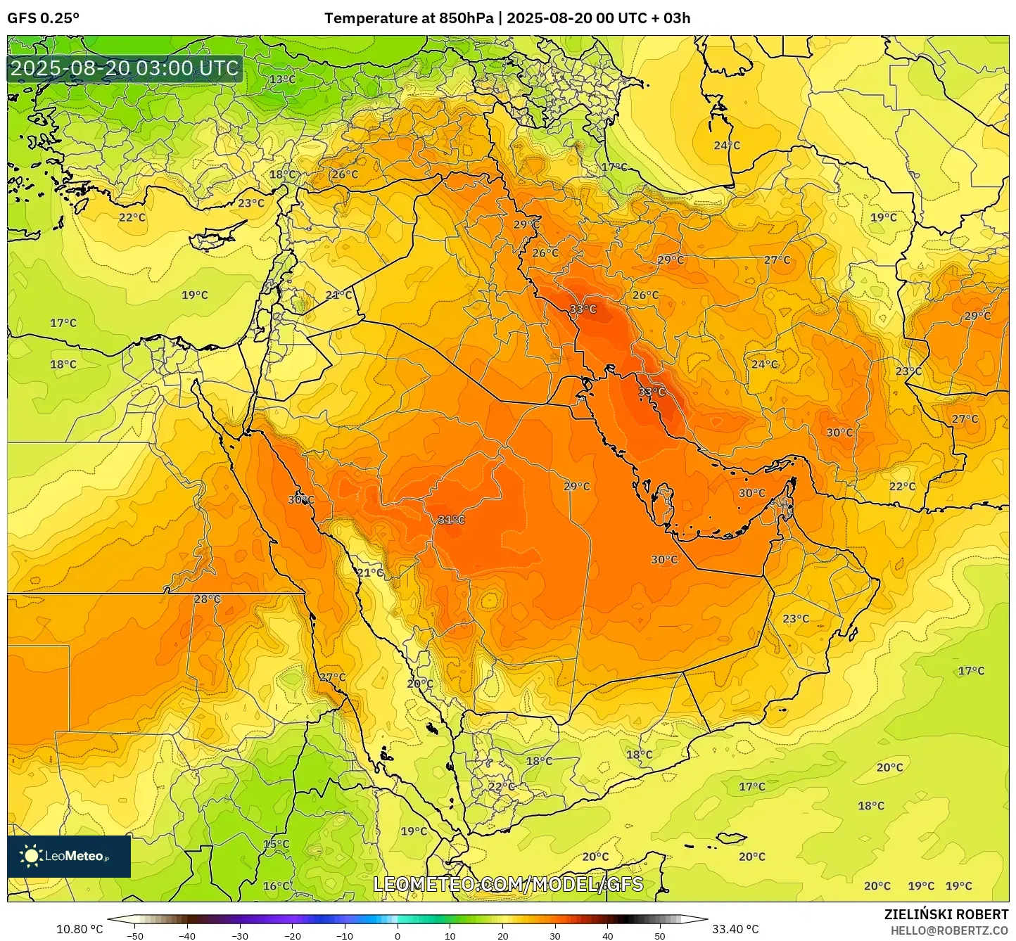 GFS model - Middle East, Temperature at 850hPa