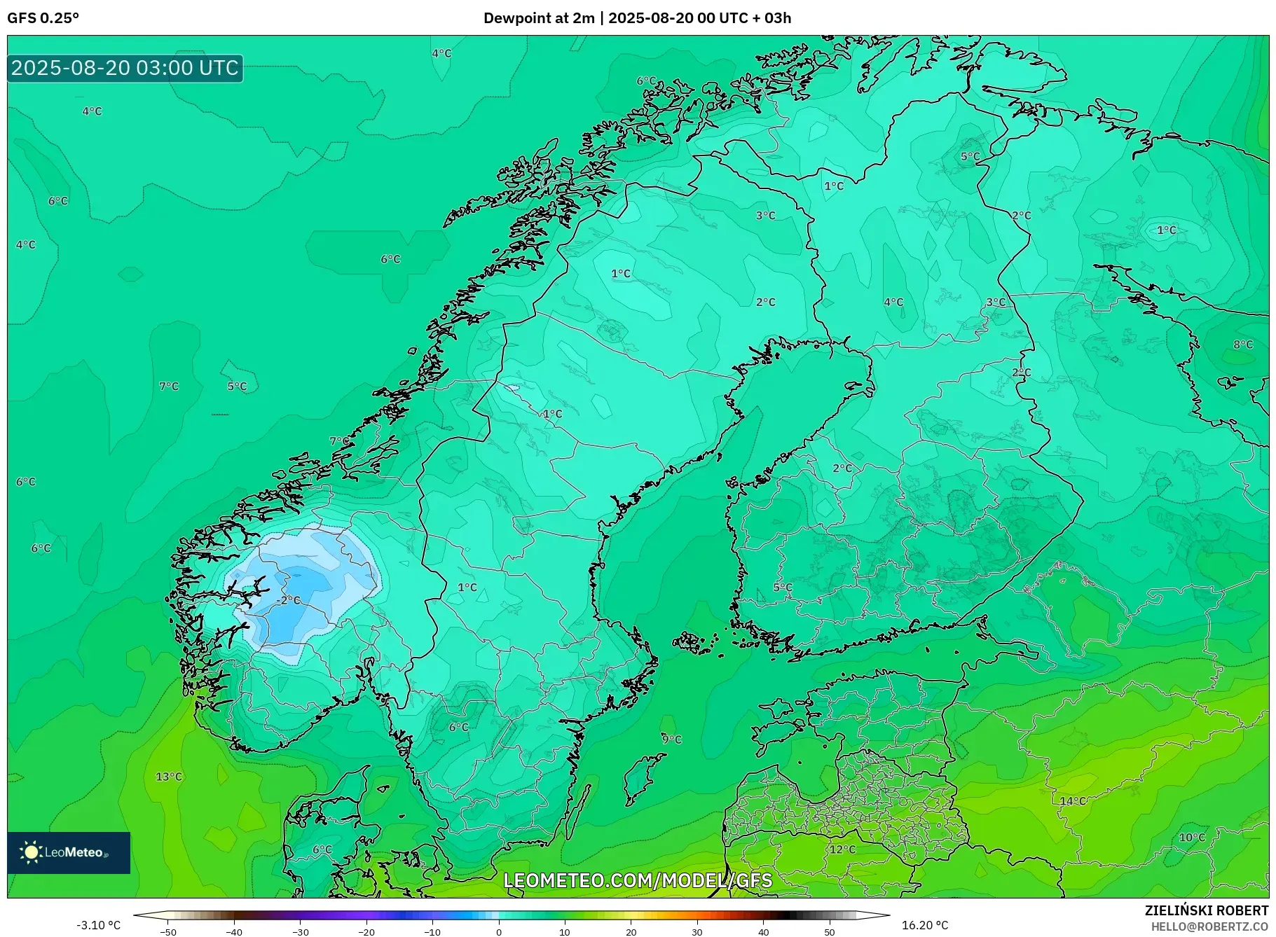 GFS model - Scandinavia, Dewpoint at 2m
