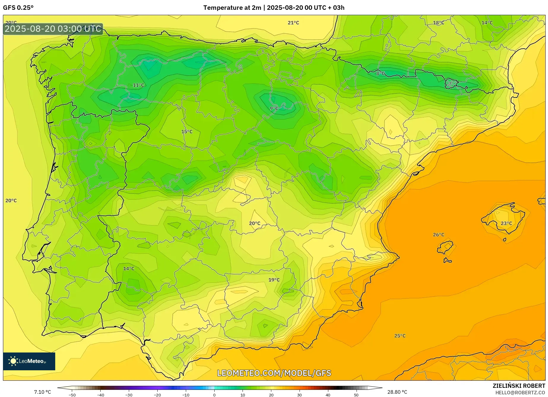 GFS model - Spain, Temperature at 2m