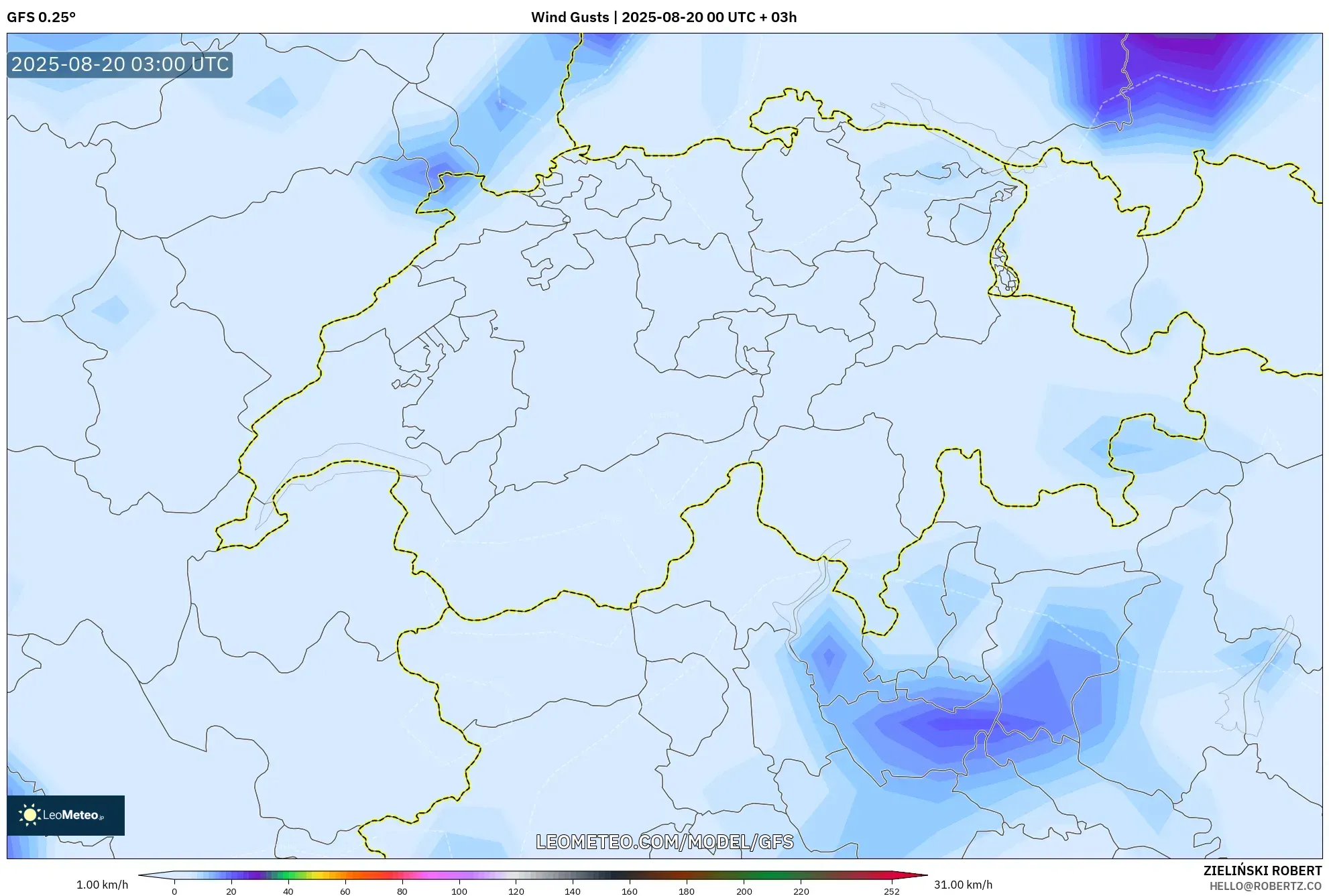 GFS model - Switzerland, Wind Gusts