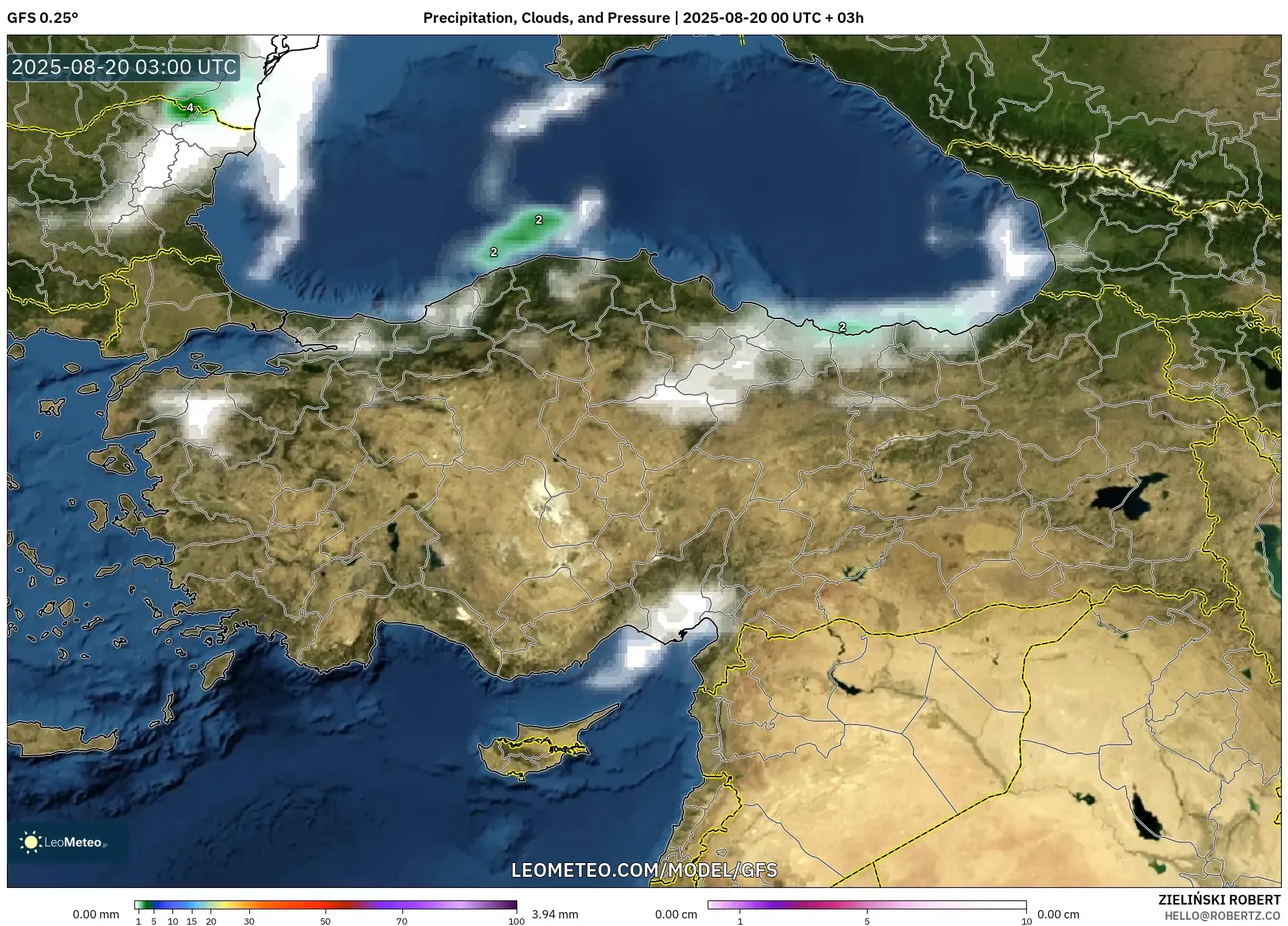 GFS model - Turkey, Precipitation, Clouds, and Pressure