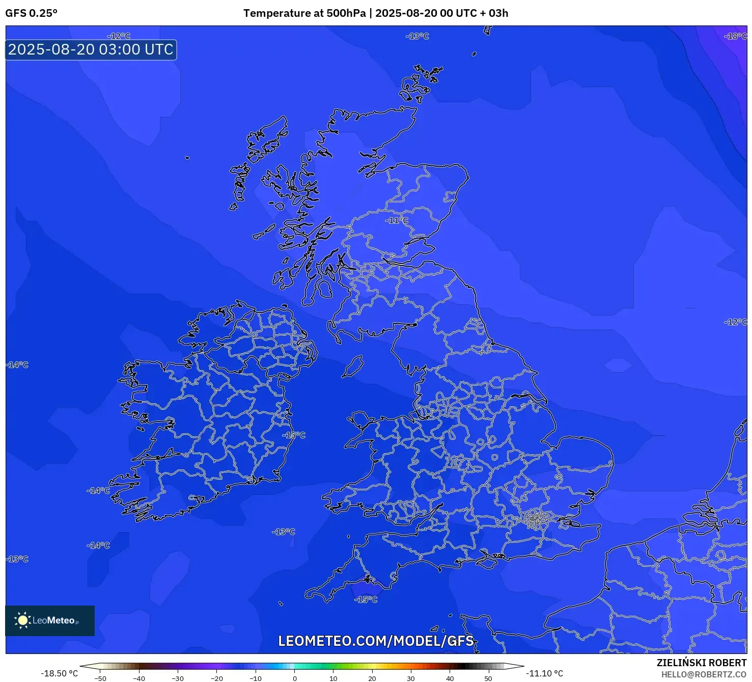 GFS model - United Kingdom, Temperature at 500hPa