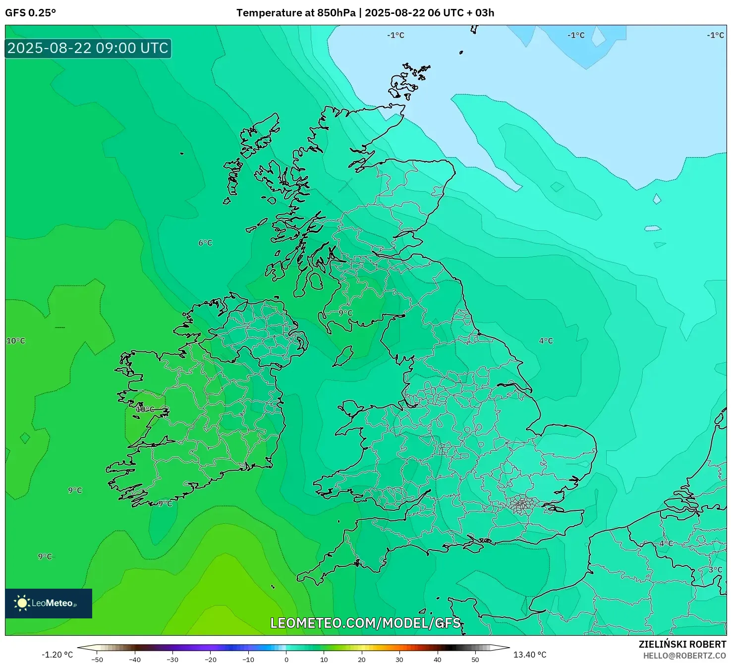 GFS model - United Kingdom, Temperature at 850hPa