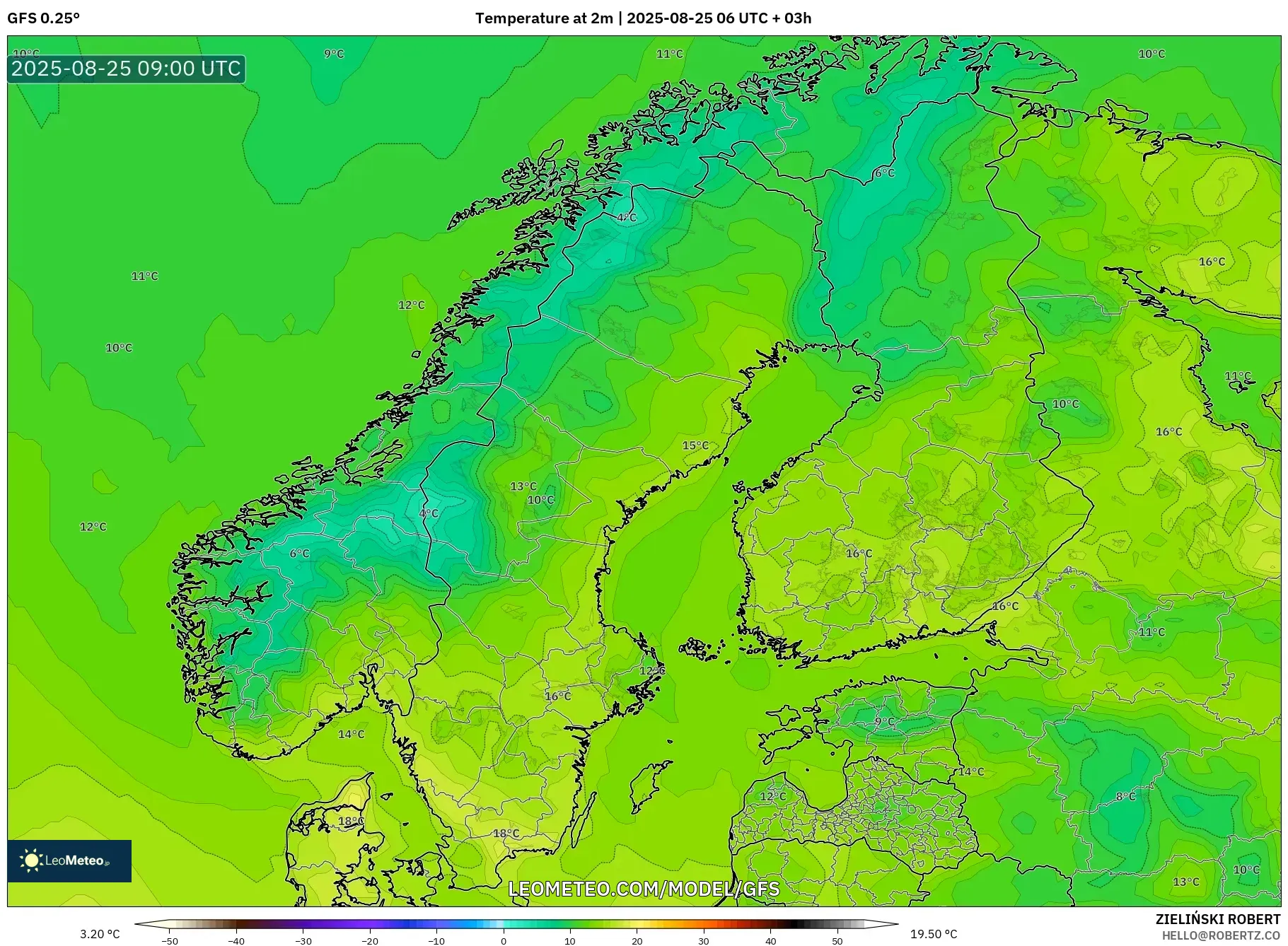GFS model - Scandinavia, Temperature at 2m GFS model - Scandinavia, Temperature at 2m
