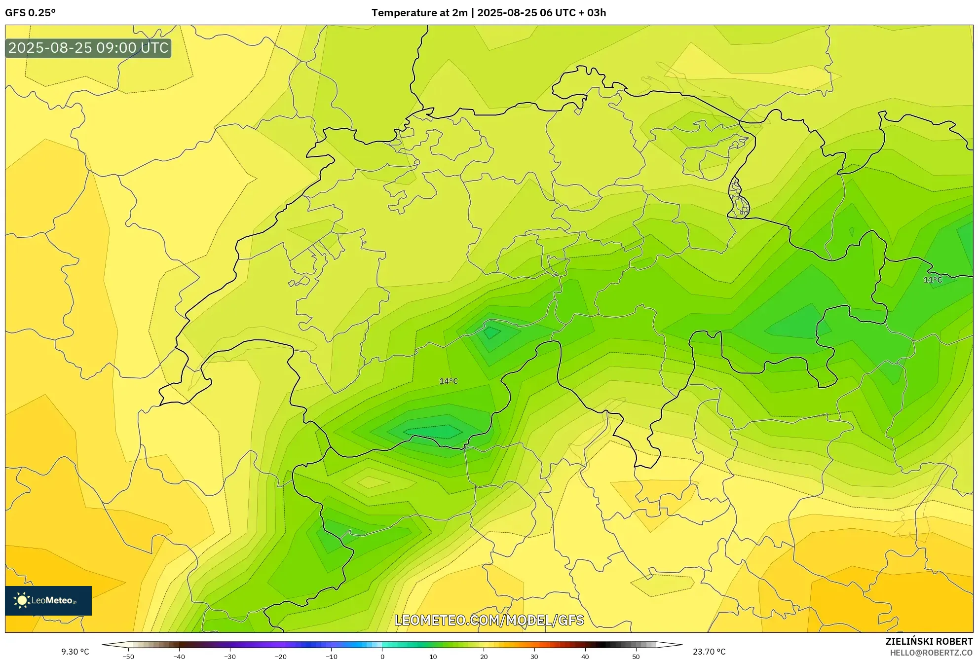 GFS model - Switzerland, Temperature at 2m GFS model - Switzerland, Temperature at 2m