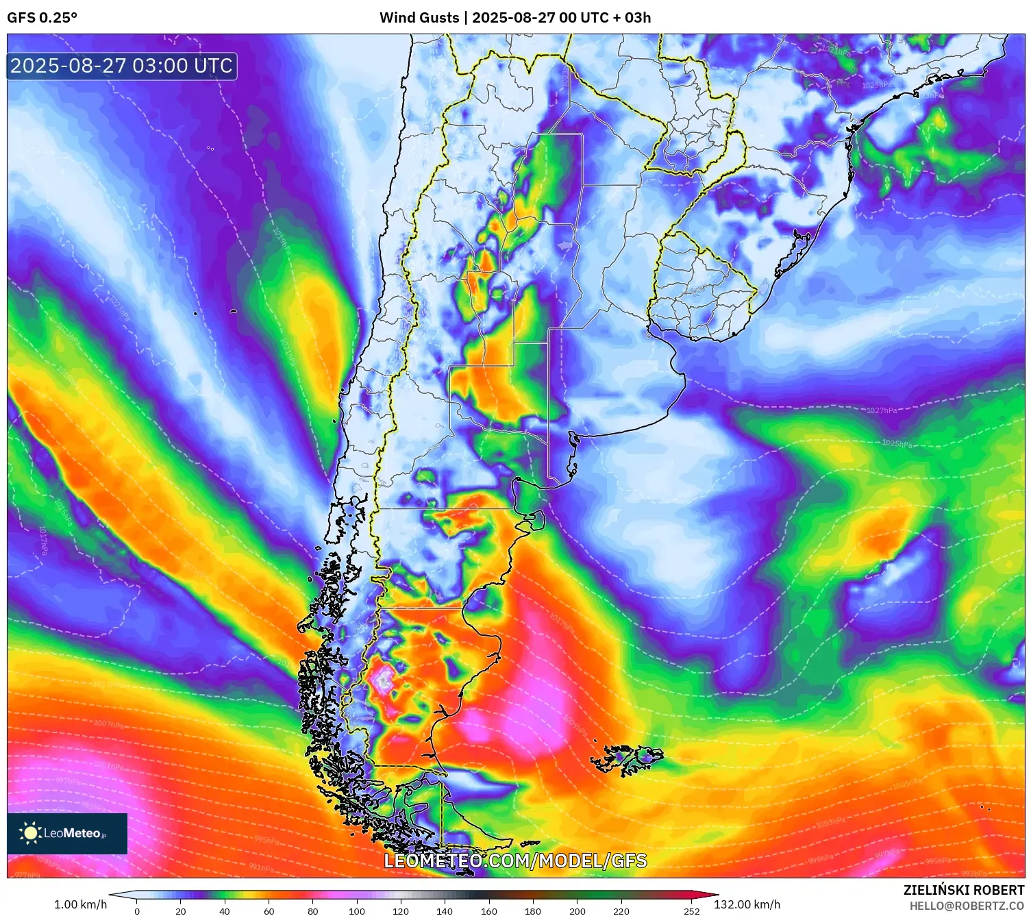 GFS model - Argentina, Wind Gusts GFS model - Argentina, Wind Gusts