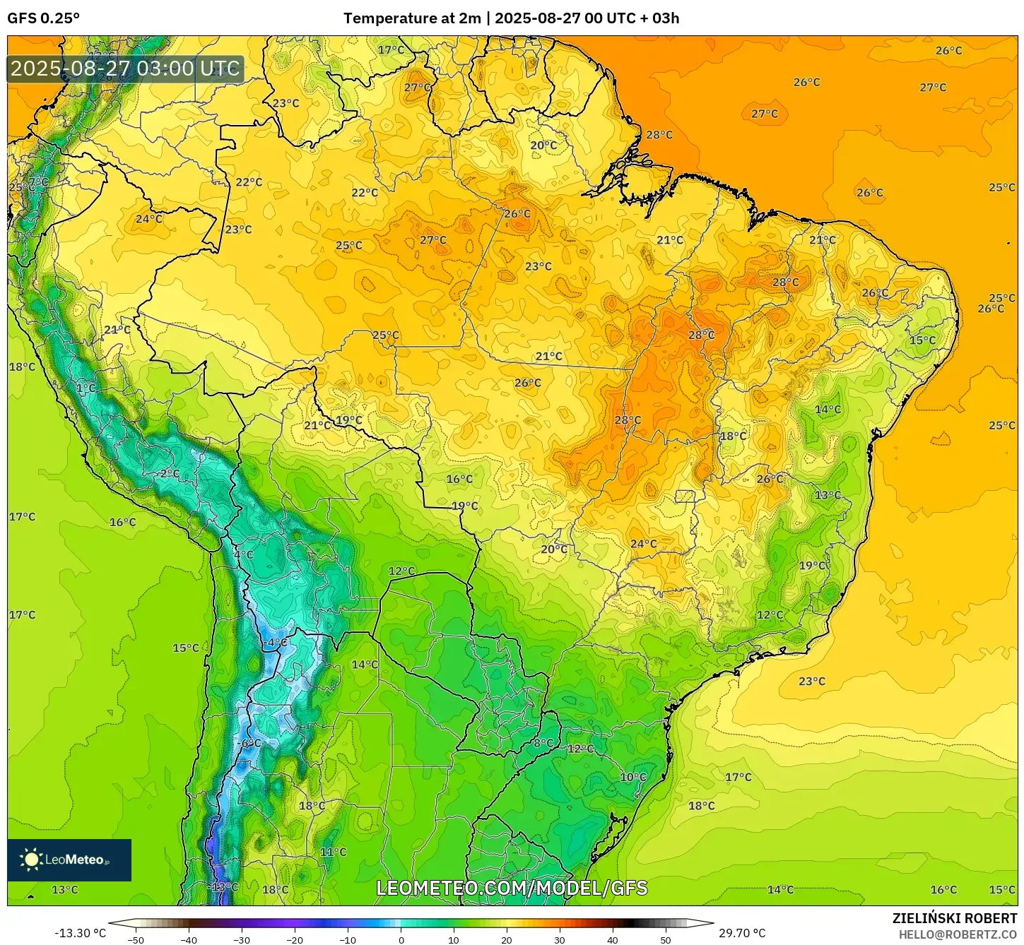 GFS model - Brazil, Temperature at 2m GFS model - Brazil, Temperature at 2m