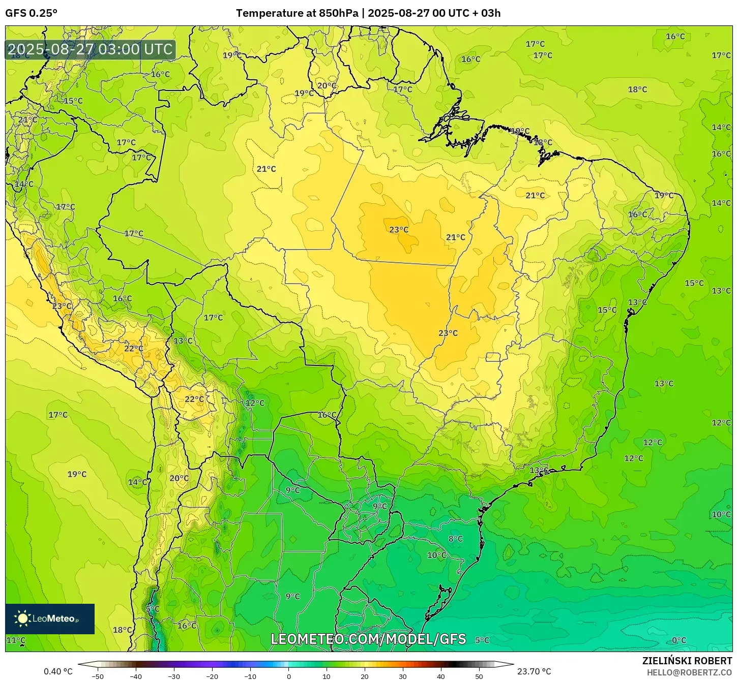 GFS model - Brazil, Temperature at 850hPa GFS model - Brazil, Temperature at 850hPa