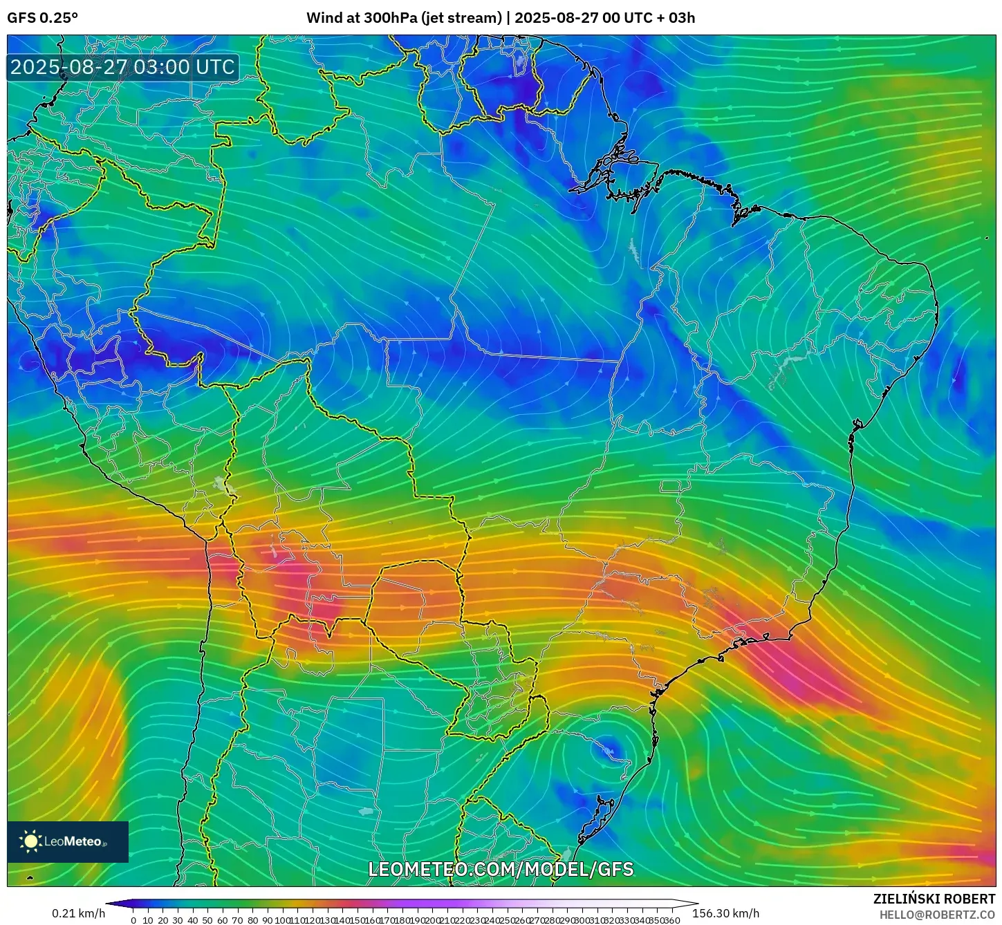 GFS model - Brazil, Wind at 300hPa (jet stream) GFS model - Brazil, Wind at 300hPa (jet stream)